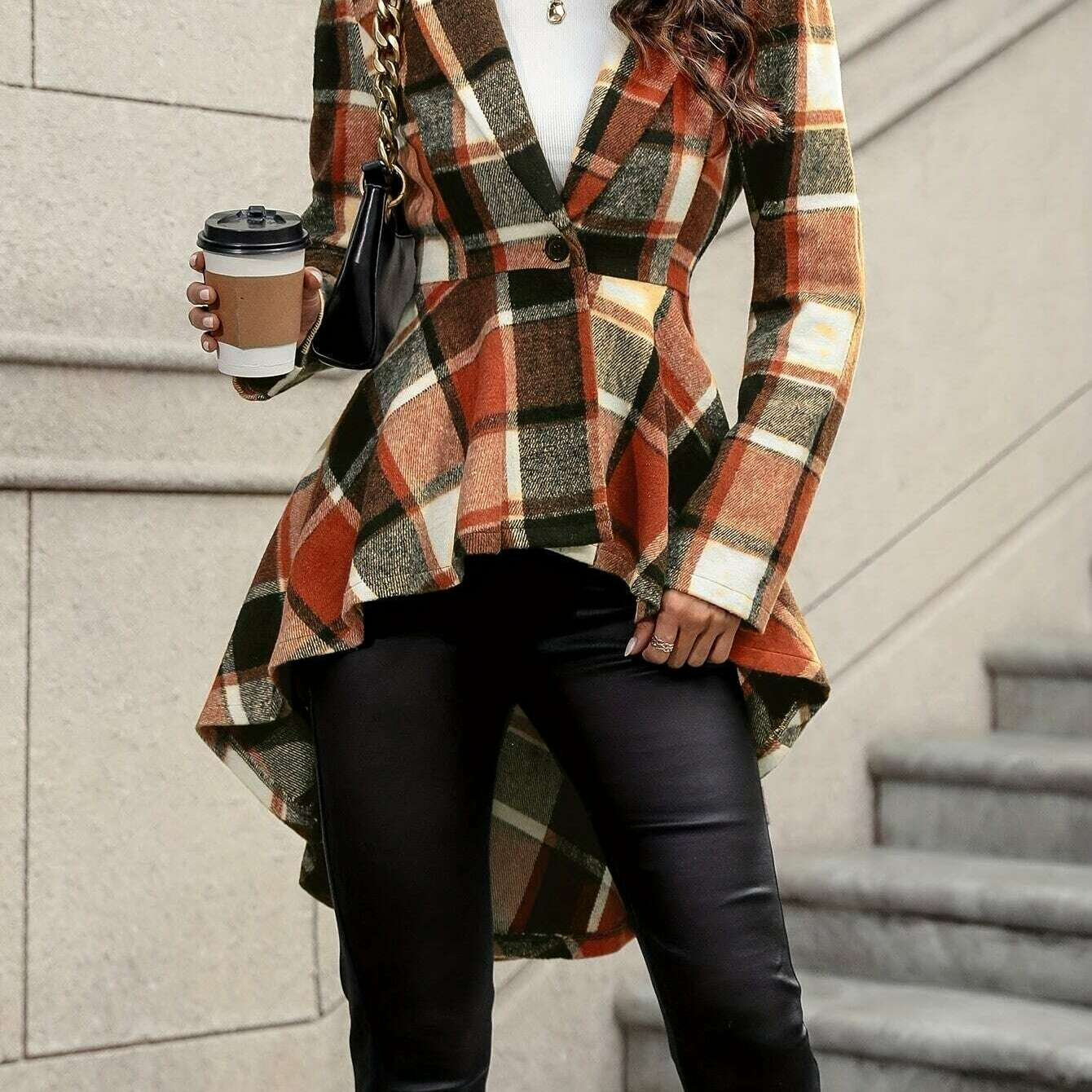 Stylish Plaid Flare Jacket with High-Low Hem for Women
