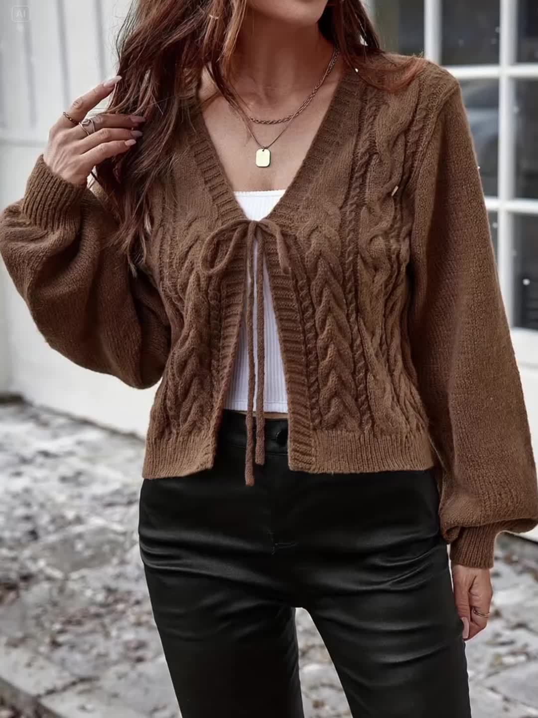 Long Sleeve Solid Color Polyester Cardigan - Elegant Casual Knit Sweater with V-Neck, Tassel Detail, and Drawstring for All Seasons