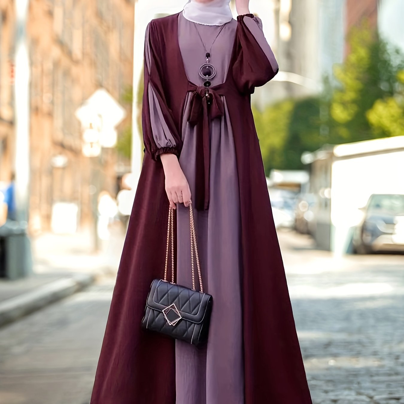 Ramadan Elegant Tie Front Kaftan Dress - Abayas with Long Sleeve, Maxi Length, Color Block Design, Women's Clothing for Special Occasions - Classic, Modest, and Chic Fashion