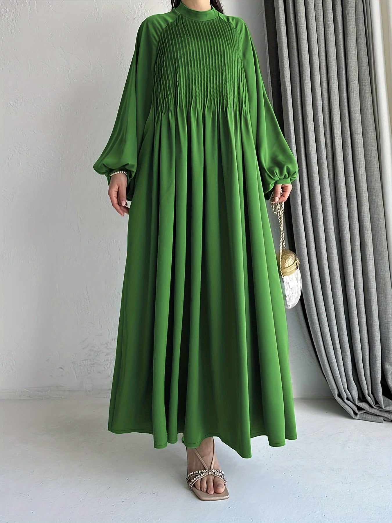 Solid Pleated Mock Neck Modest Dress, Elegant Lantern Sleeve Belted Ruffle Hem Maxi Dress, Women's Clothing