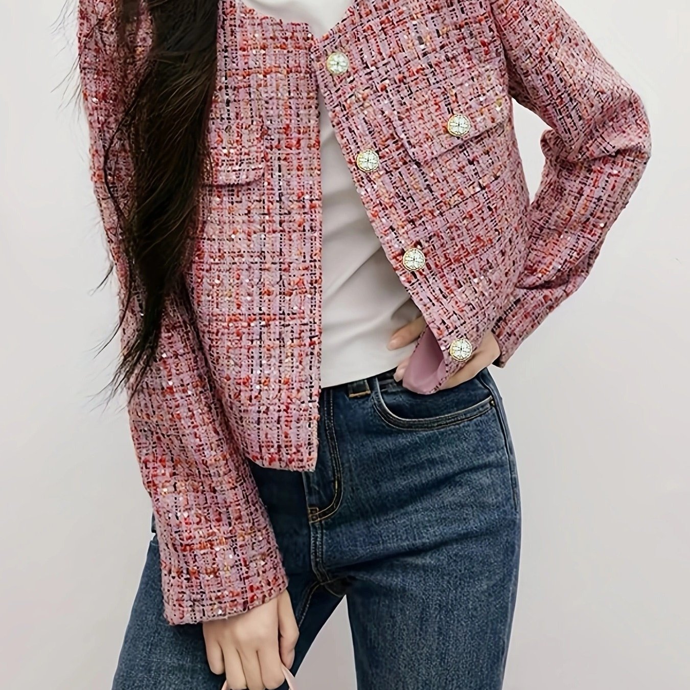 Women's Elegant Thickened Tweed Cardigan Jacket - Floral Pattern Plaid in Red, Pink, White & Brown, Loose Fit Short Length Long Sleeve Coat with Round Neck & Single-Breasted Button Front, All-Season Casual Outerwear for Every