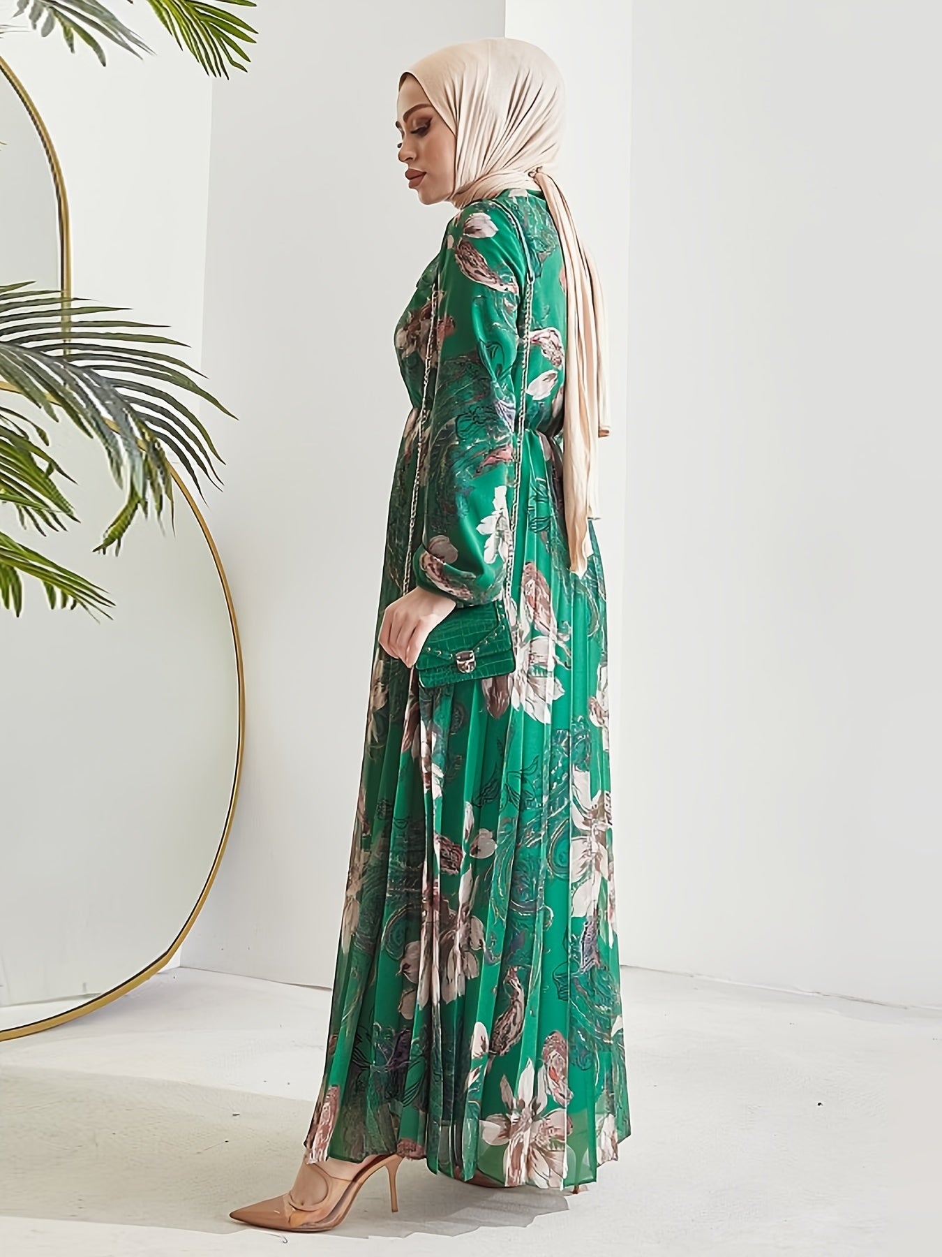Stunning Floral Print Maxi Kaftan Dress - Modest Long Sleeve, Pleated, Flowy, Polyester, Machine Washable, Random Printing, Middle Eastern Style - Perfect for All Seasons