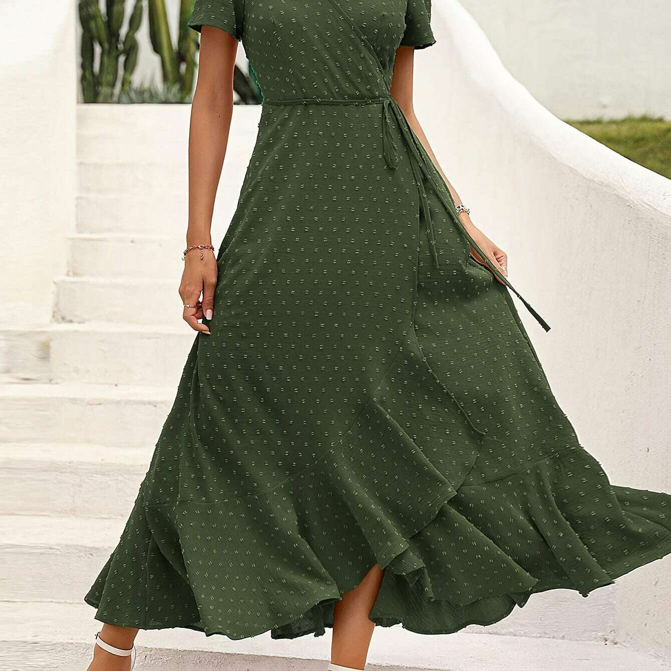 Elegant Women's Swiss Dot Surplice Neck Maxi Dress - D&M Boutique