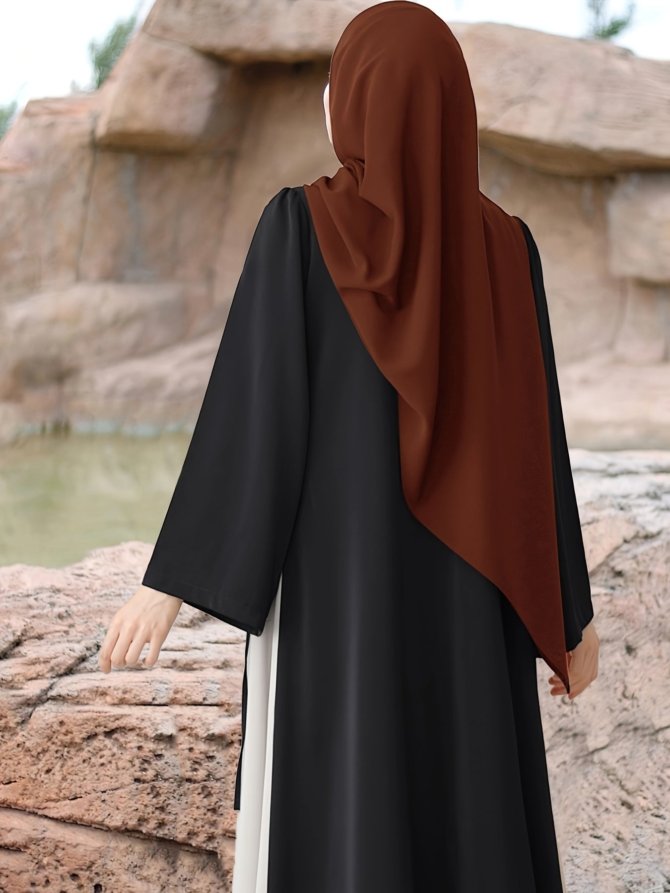 1pc Muslim Abaya Dress Long Sleeve Loose Fit A-Line with Black & White Color-Blocking & Orange Accents - Middle Eastern Elegance Adjustable Side Drawstring for Prayer, Casual, All-Season Wear (No Headscarf Included), Muslim D