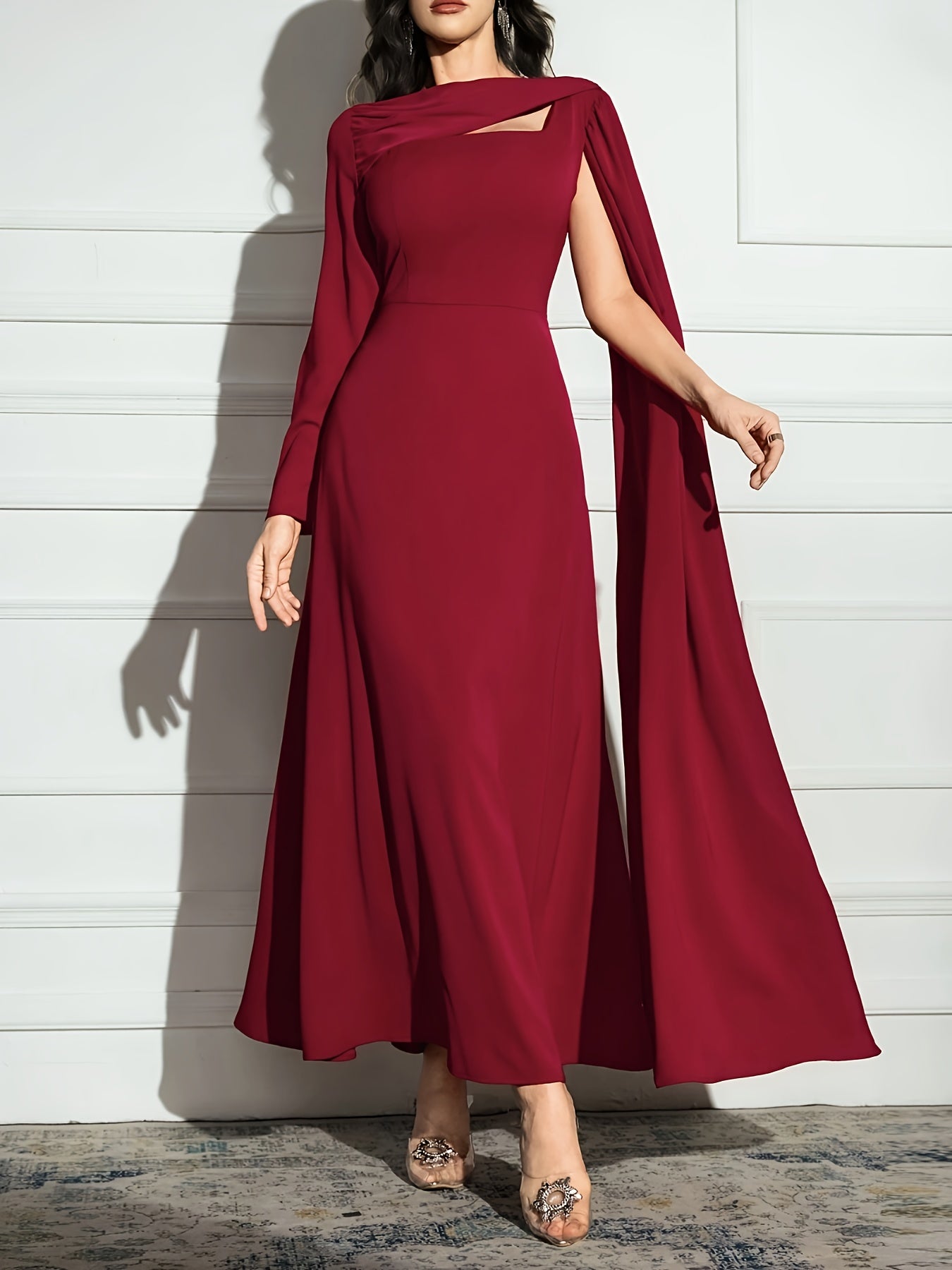 Elegant Maroon A-Line Midi Dress with Keyhole Detail - Long Sleeve, Round Neck, Flowing Silhouette, Perfect for Weddings & Formal Events, A Dress for Women