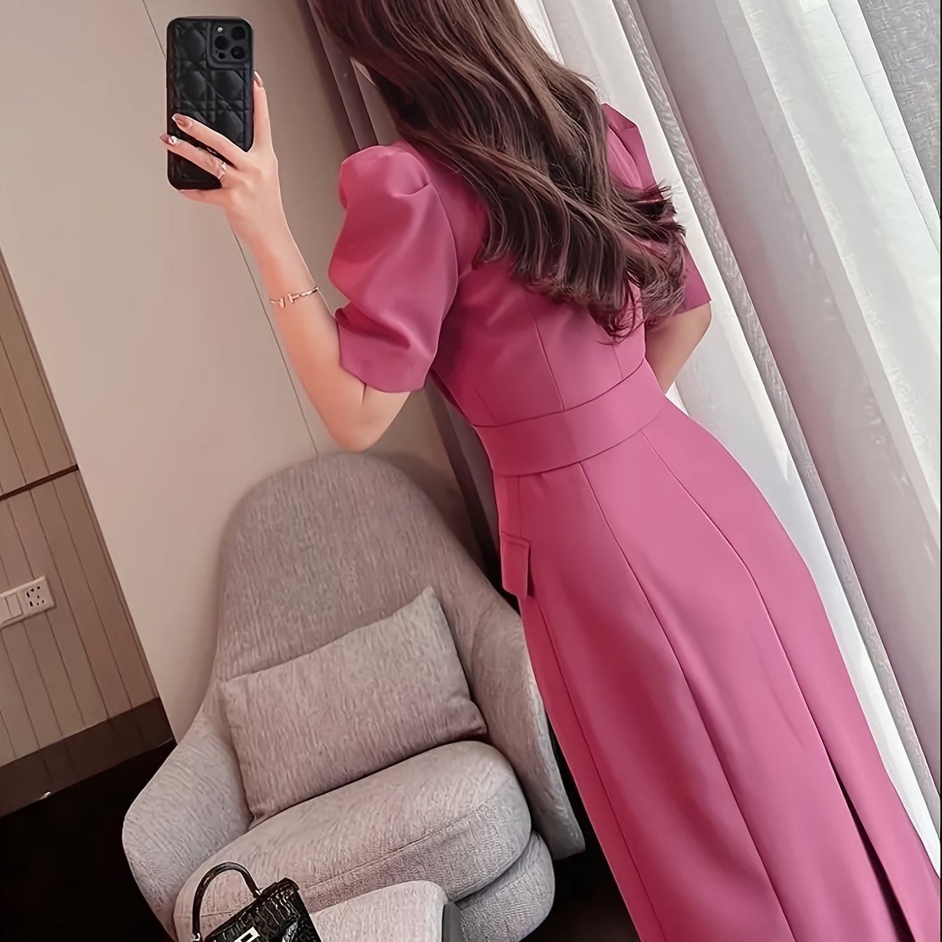 Elegant French-Inspired Magenta Pink Pencil Dress - Chic Notched Collar, Button Detail, Polyester Blend for Women, Perfect for Spring & Fall