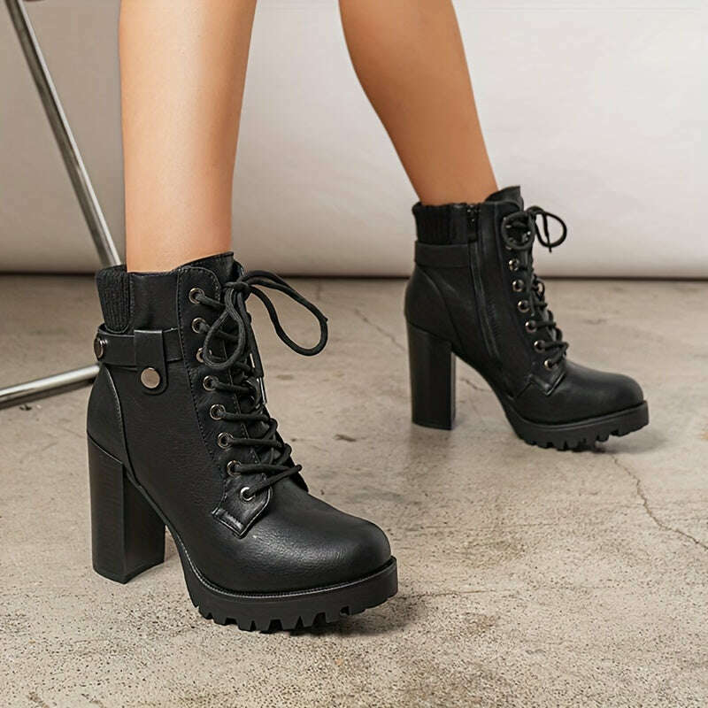 Women's Lace Up Combat Ankle Boots, High Chunky Heel Fashion Heeled Booties Shoes