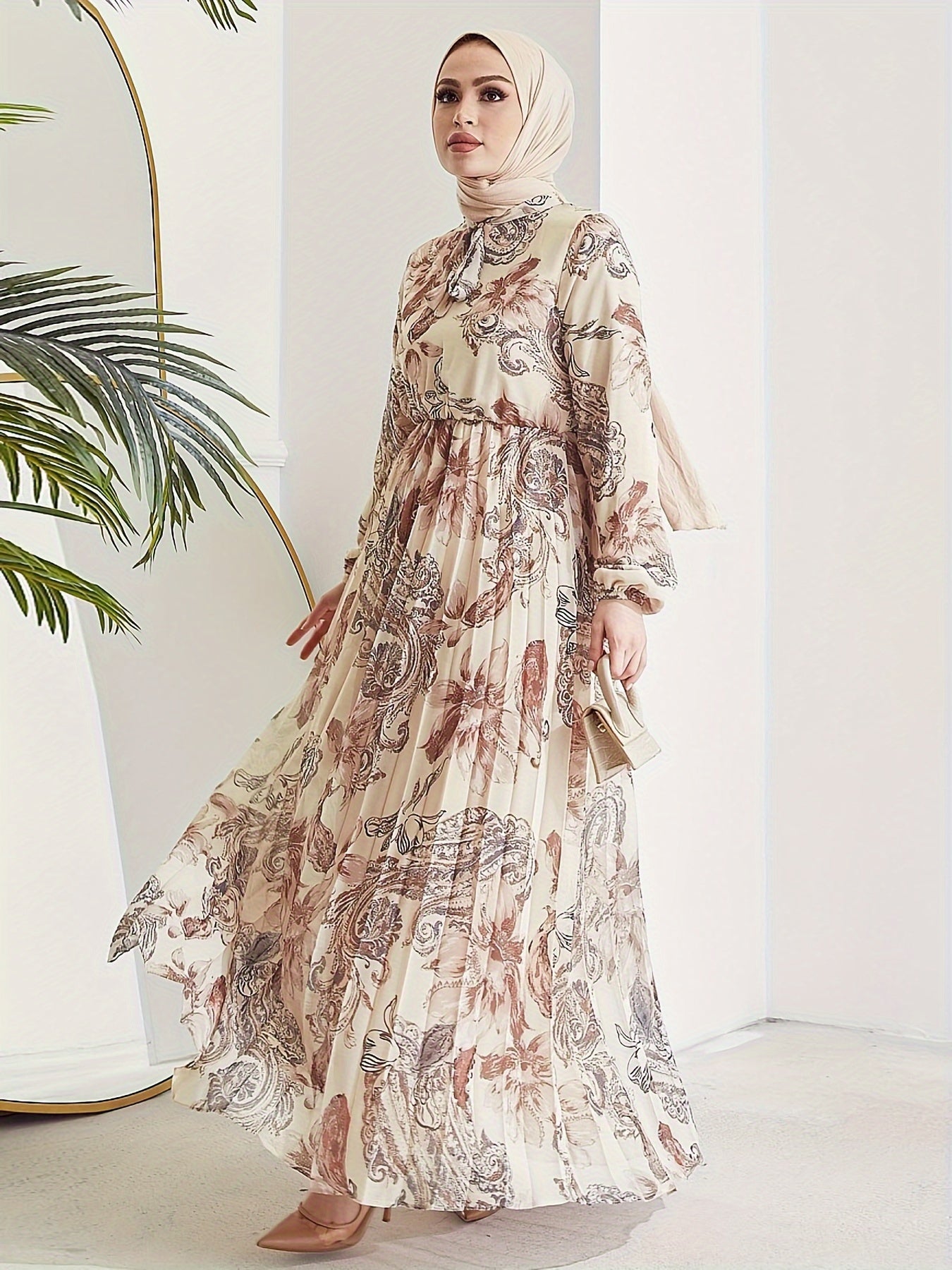 Stunning Floral Print Maxi Kaftan Dress - Modest Long Sleeve, Pleated, Flowy, Polyester, Machine Washable, Random Printing, Middle Eastern Style - Perfect for All Seasons