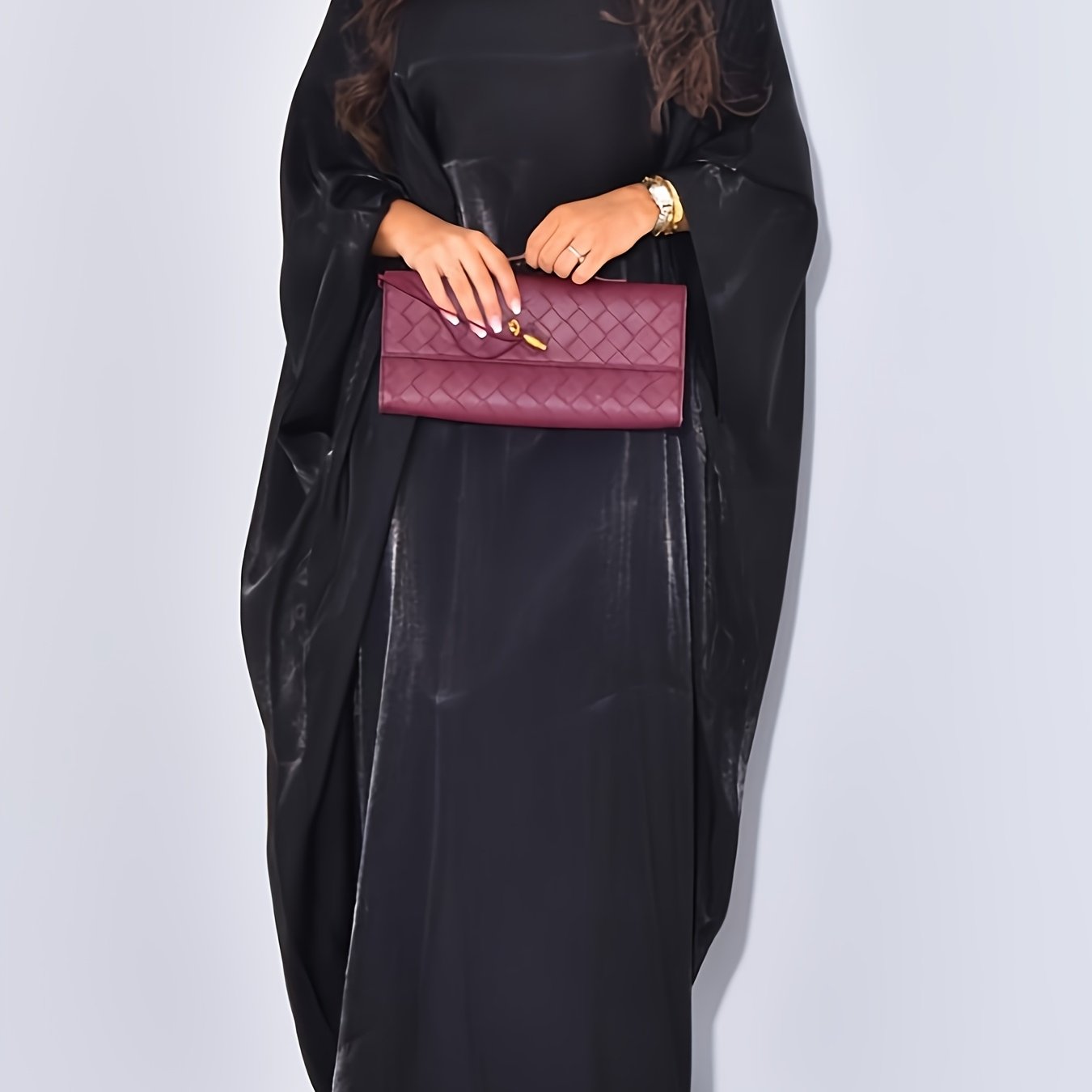 Elegant Sparkling Metallic Abaya for Women - One Size, Long Sleeve, Round Neck with Side Slit, All-Season Flowing Maxi Dress, Casual Wear|Shimmering Abaya| Flowing Design