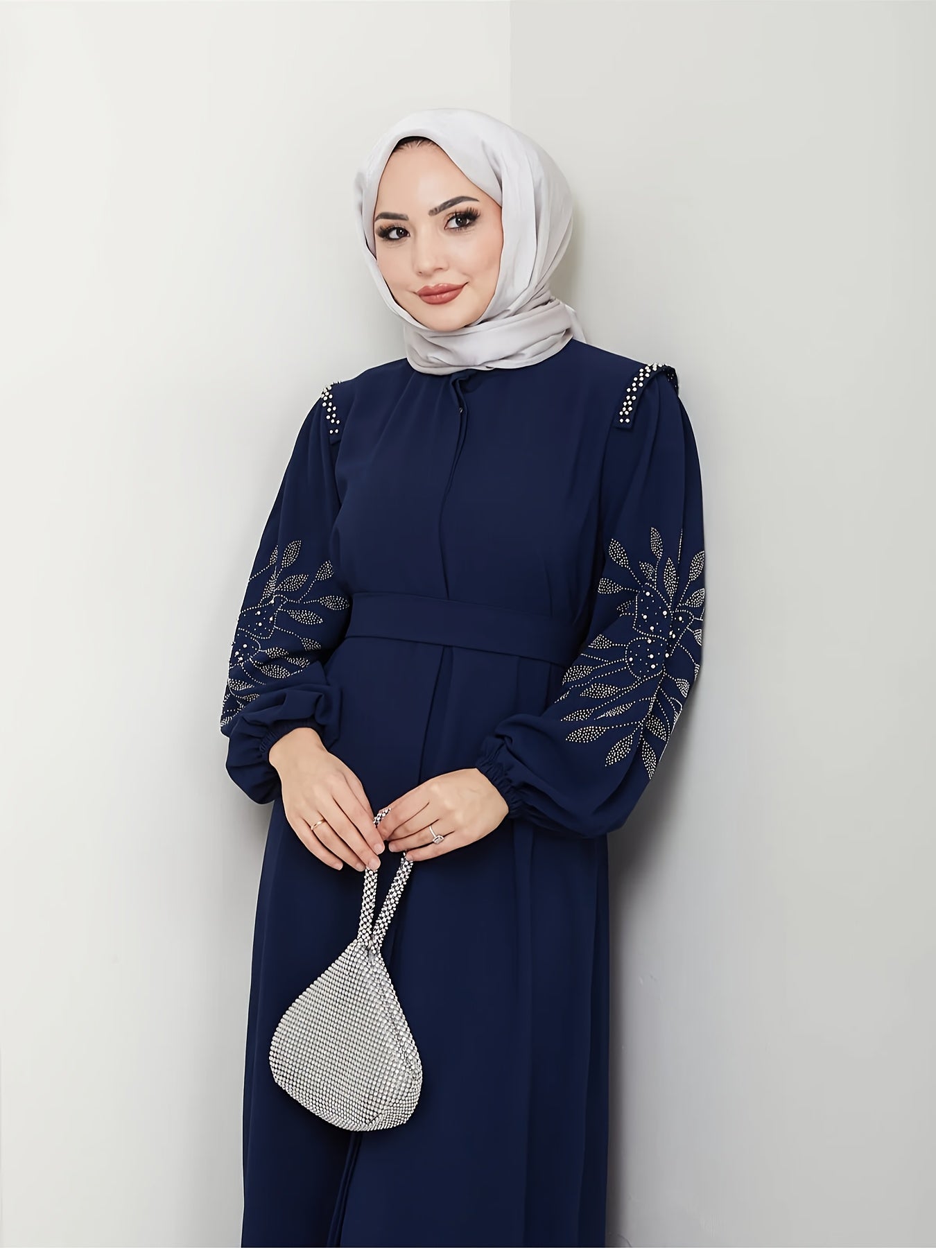 Elegant Black Abaya with Rhinestone Embellishments - Long Sleeve, Belted, All-Season Traditional Muslim Dress for Women, Islamic Fashion, Sophisticated Craftsmanship