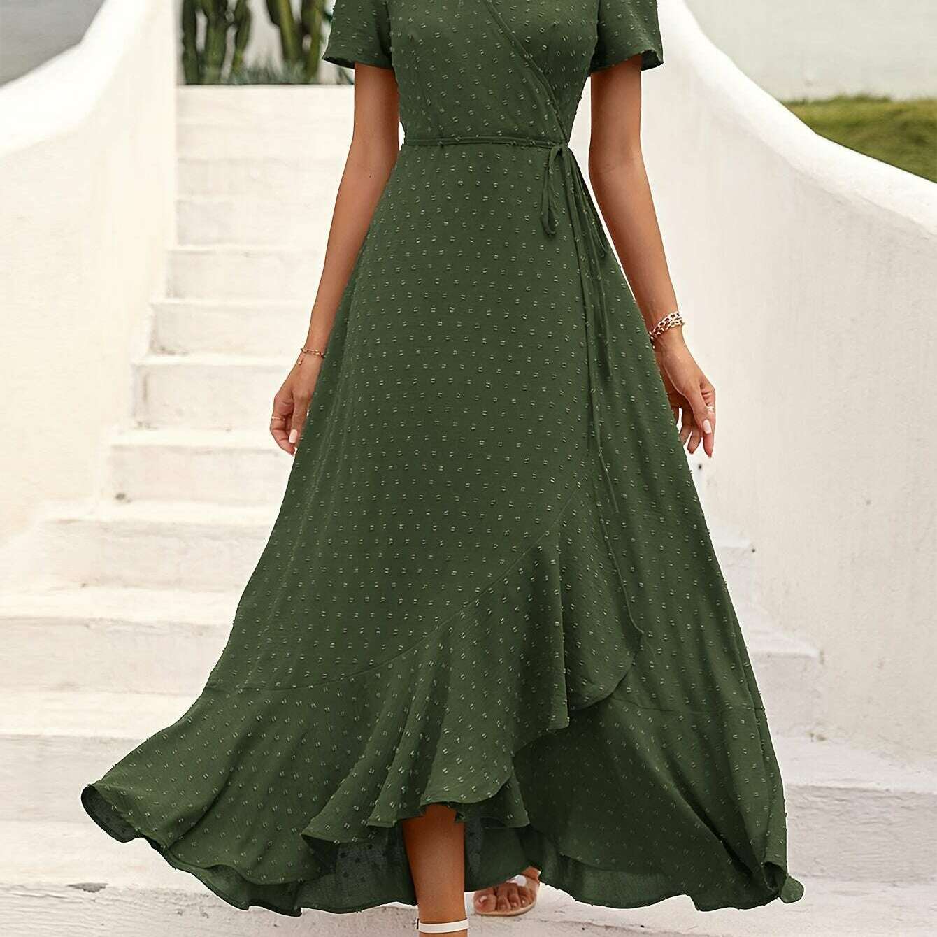Elegant Women's Swiss Dot Surplice Neck Maxi Dress - D&M Boutique