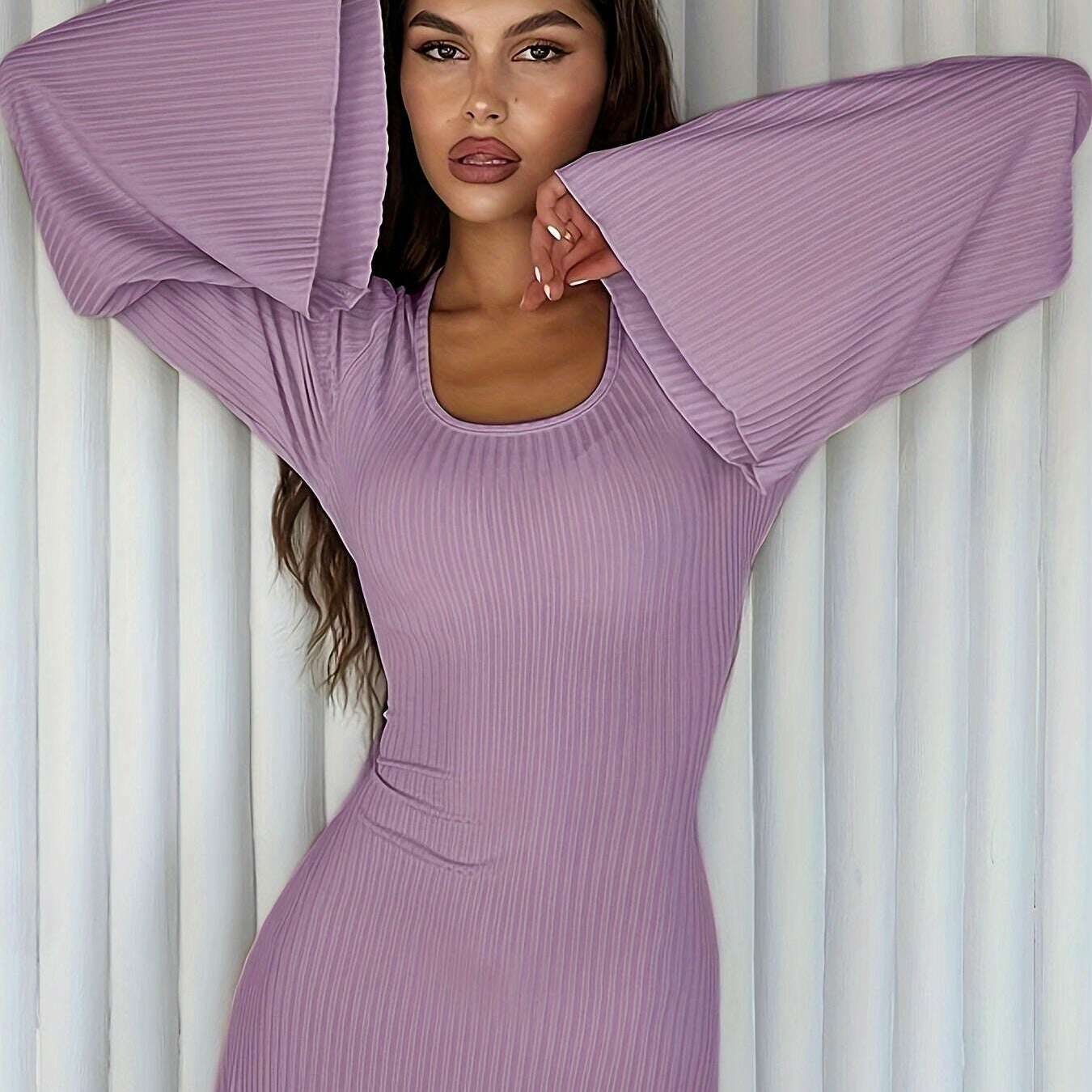 Solid Color Women'S Ribbed Knit Dress with Long Bell Sleeves, Round Neck, And Back Tie.