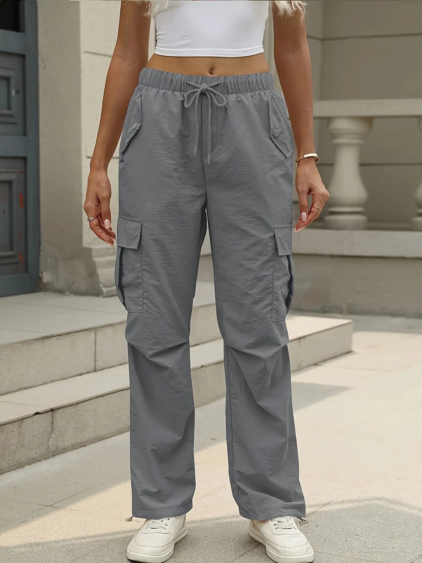 Women's Casual Cargo Pants with Adjustable Waist & Multi-Pocket Design - Low-Transparency Non-Stretch Heavyweight Fabric, All-Season Solid Color Work Pants for Outdoor, Travel, Casual Attire - Belt Loops & Button Closure (No