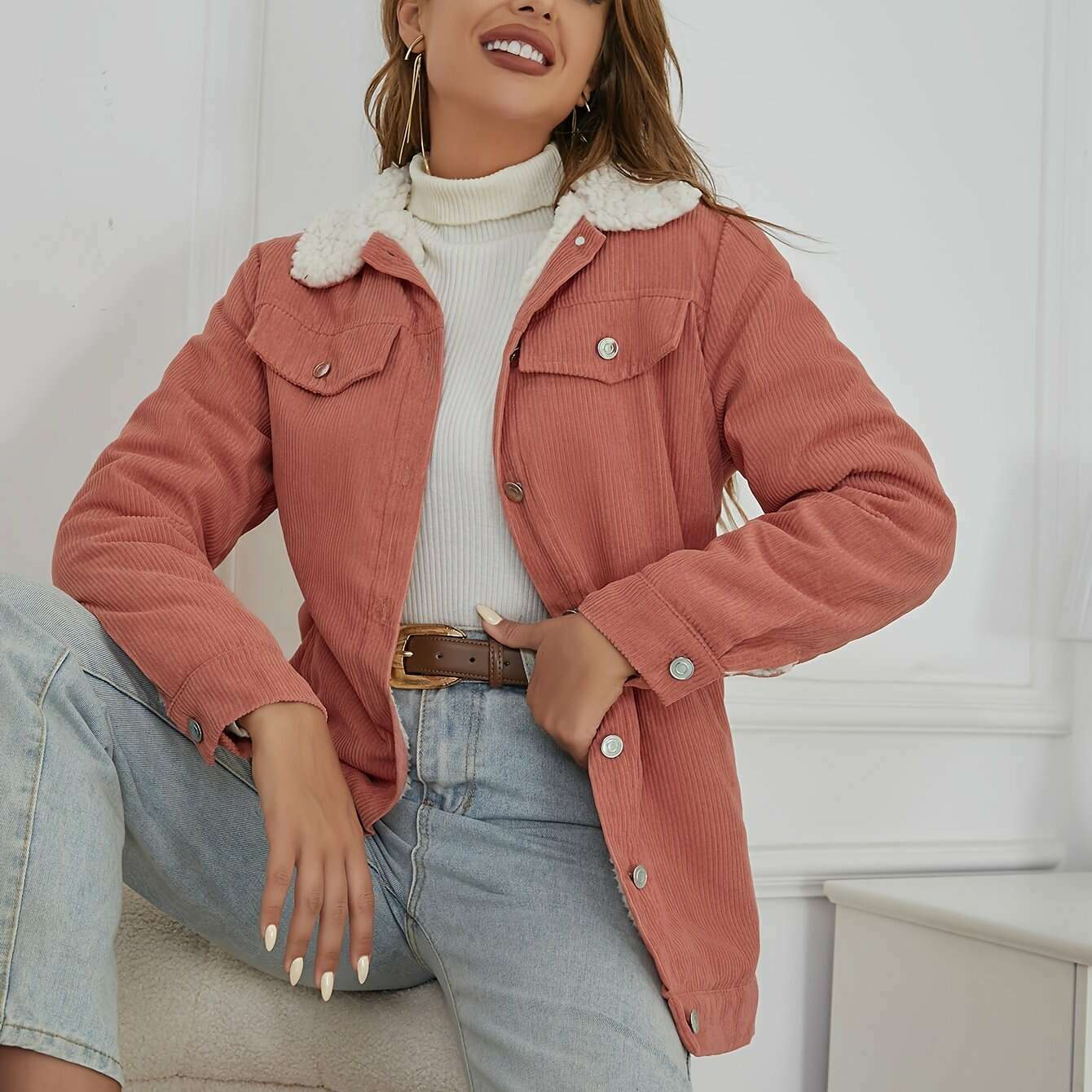 Women's Corduroy Sherpa Lined Button-Up Trucker Jacket
