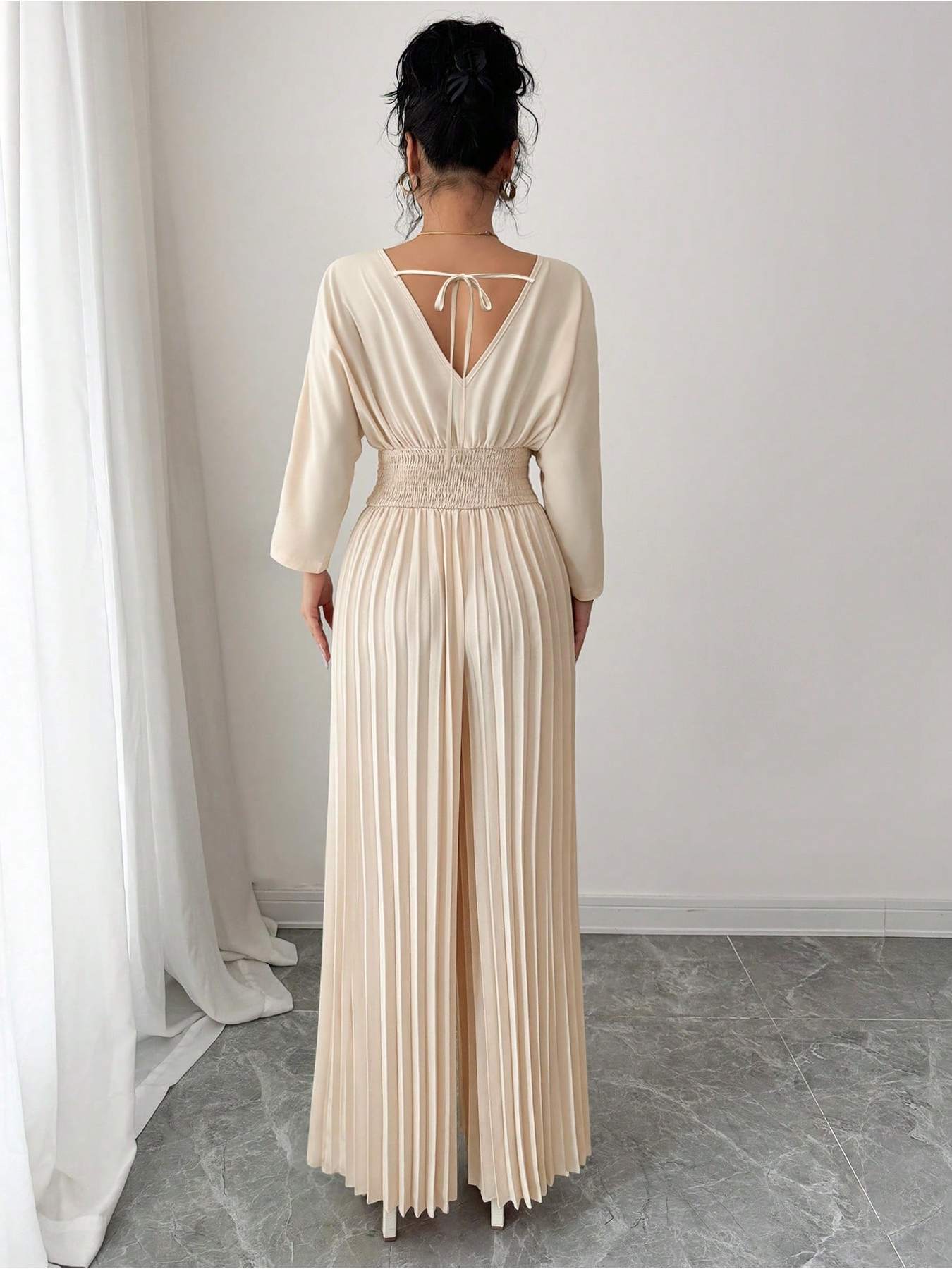 Women'S Elegant Beige Jumpsuit - V-Neck, Three-Quarter Sleeve, Wide-Leg Design with Tie Waist, Solid Color, Perfect for Vacation or Casual Outings, Vacation Attire | Vneck Jumpsuit | Glossy Texture