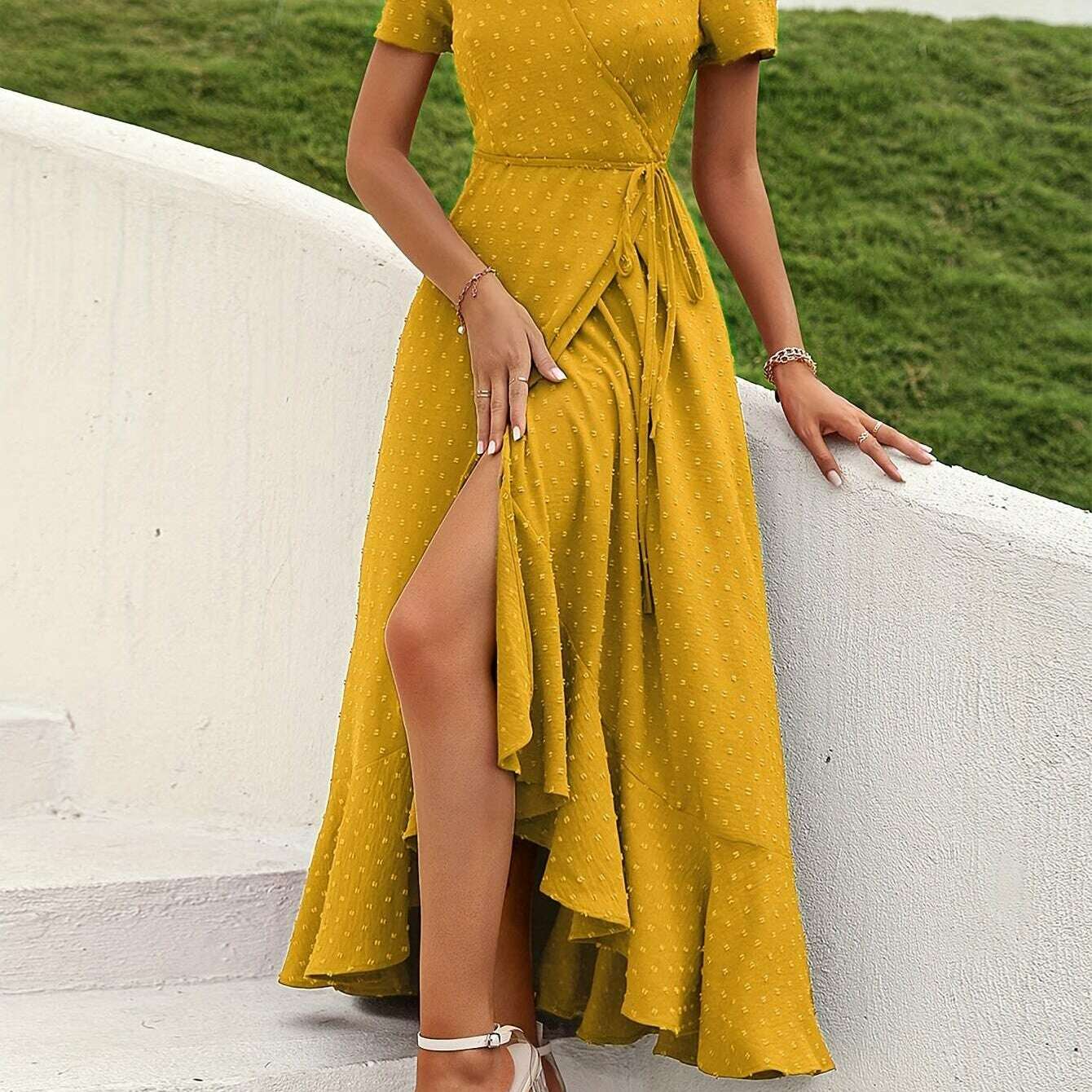 Elegant Women's Swiss Dot Surplice Neck Maxi Dress - D&M Boutique