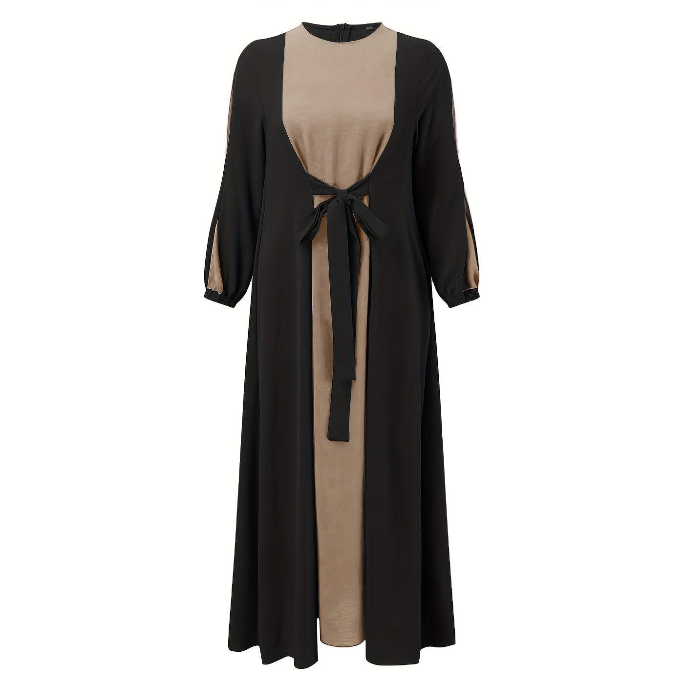 Color Block Long Sleeve Maxi Dress With Tie Front, Elegant Muslim Crew Neck Modest Loose Dress, Women's Clothing