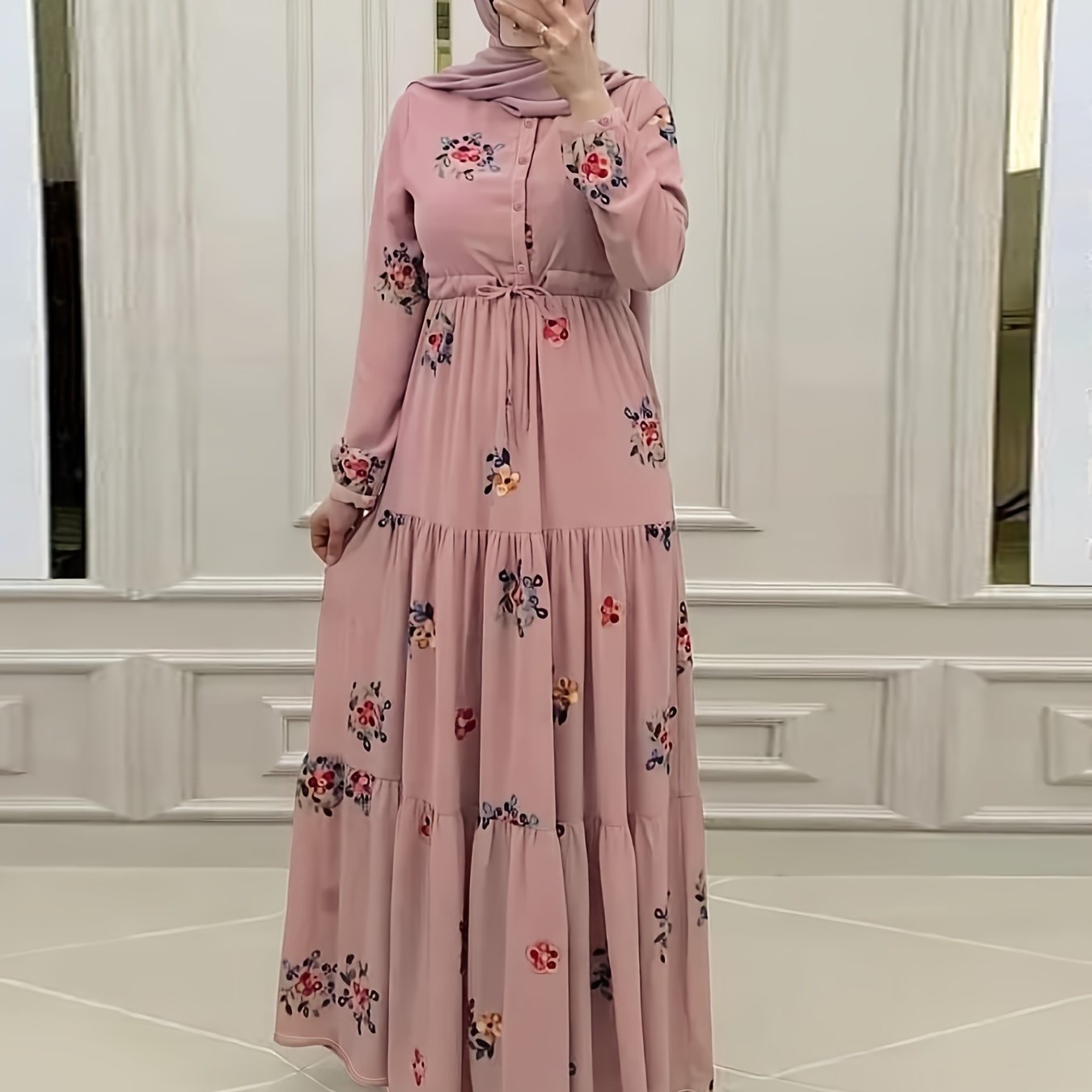 Ramadan Floral Pattern Abaya Dress, Elegant Button Front Long Sleeve Maxi Dress, Women's Clothing