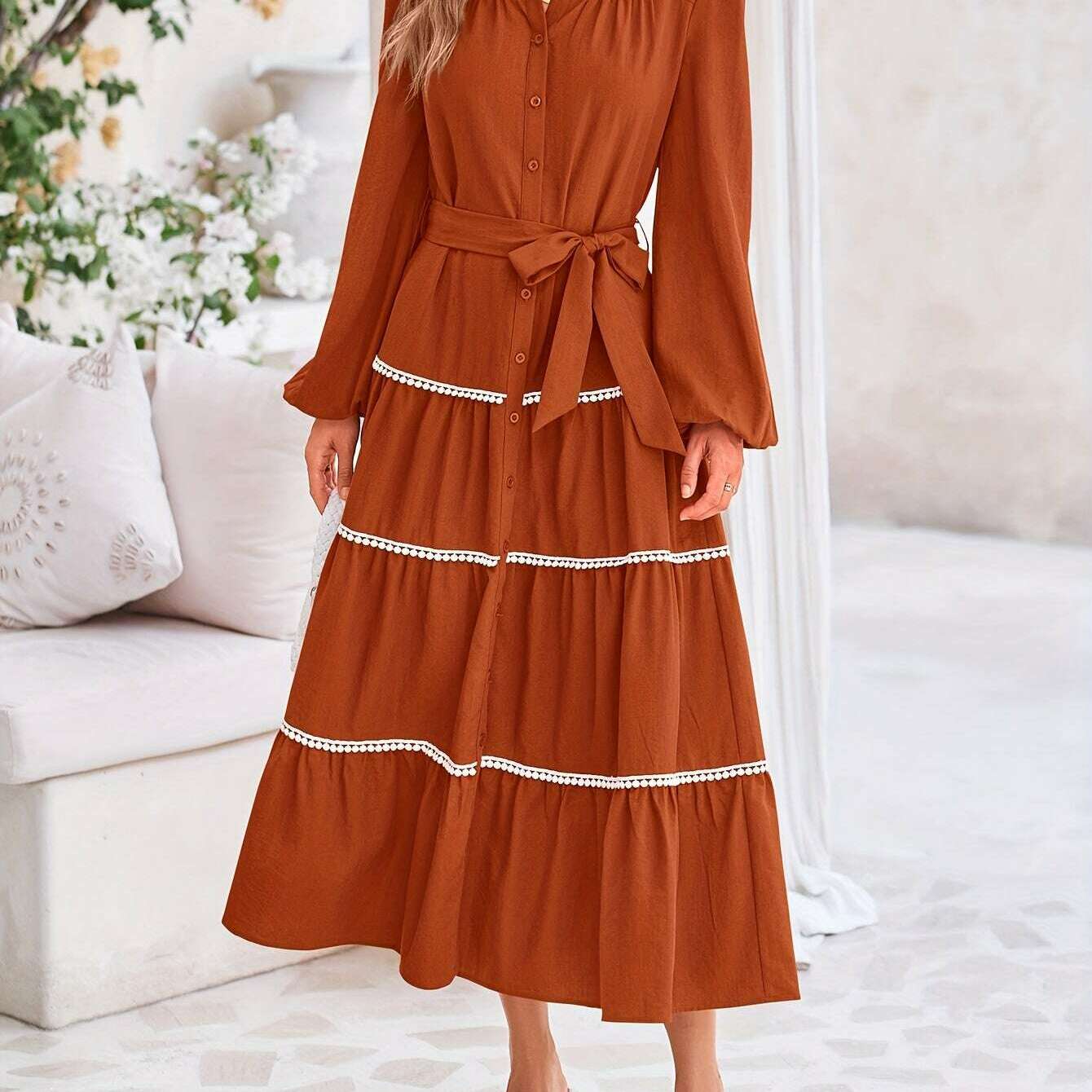 Women'S Spring Casual Dress Loose Drawstring Lantern Sleeve Long Sleeve Tier Dress With Pockets