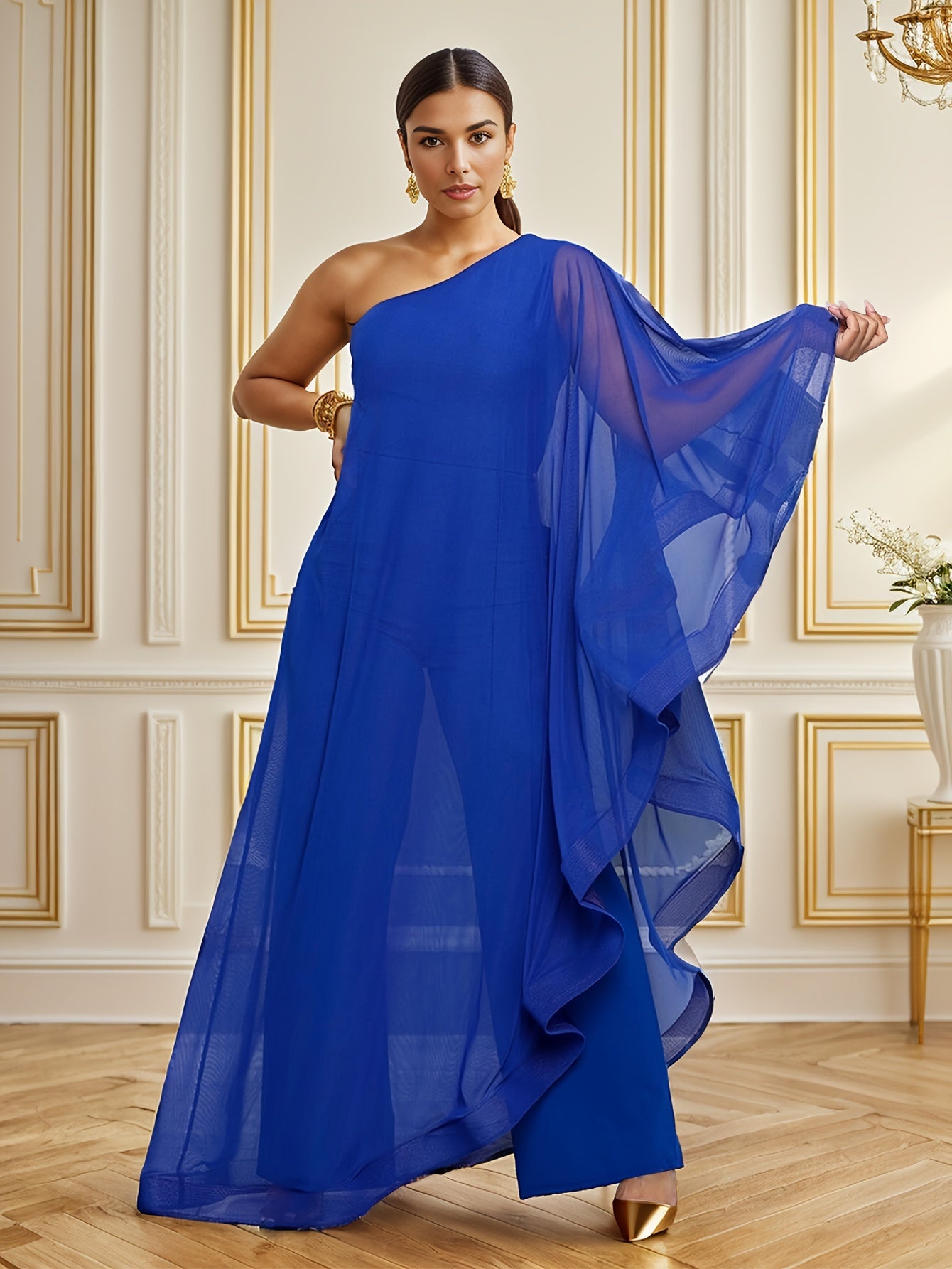 PORRCEY Sexy Single Shoulder Ruffled Sleeveless Solid Color Patchwork Elastic Jumpsuit