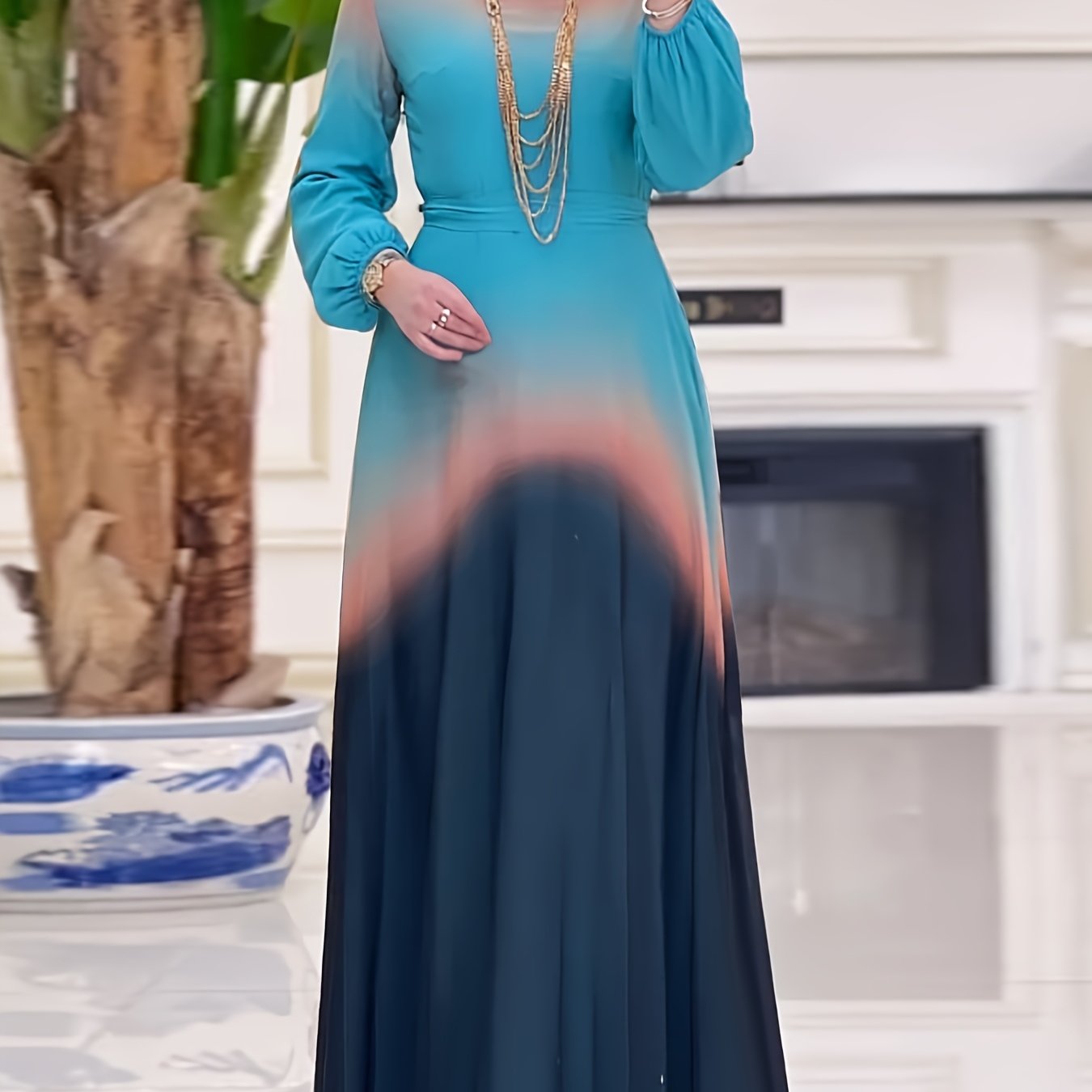 Women's Middle Eastern Muslim Abaya Kaftan Dress - Teal to Orange Gradient Long Sleeve Long Dress, Machine Washable All-Season Modest Traditional Attire for Casual & Formal Occasions, Muslim Dress, Special Occasion Wear, Flow