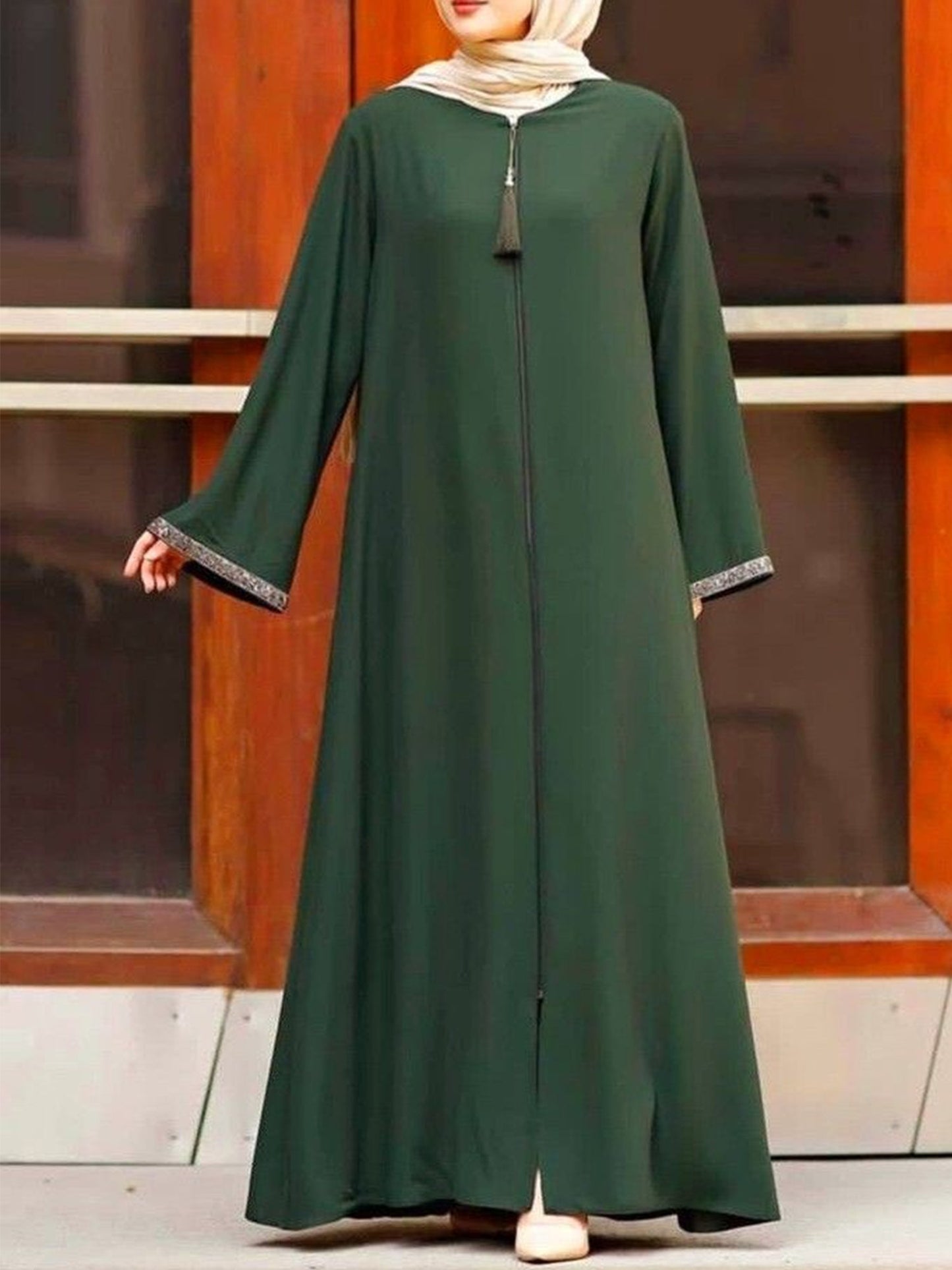 Women's Elegant Long Skirt Long Sleeve V-Neck Long Sleeve Tassel Zip Dress, Loose Boxing Prayer Dress, Machine Washable, Suitable for Eid al-Fitr, Family Celebrations and Spring and Summer Muslim Attire