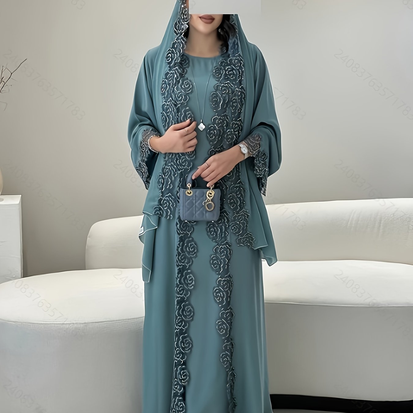 Women's 3pcs Islamic Abaya Muslim Modest Outfit Set - Long Sleeve Elegant Maxi Dress with Lace Hem & Head Veil, Loose-Fit H-Line Silhouette, Machine Washable All-Season Traditional Muslim Clothing for Prayer, Casual Attire &