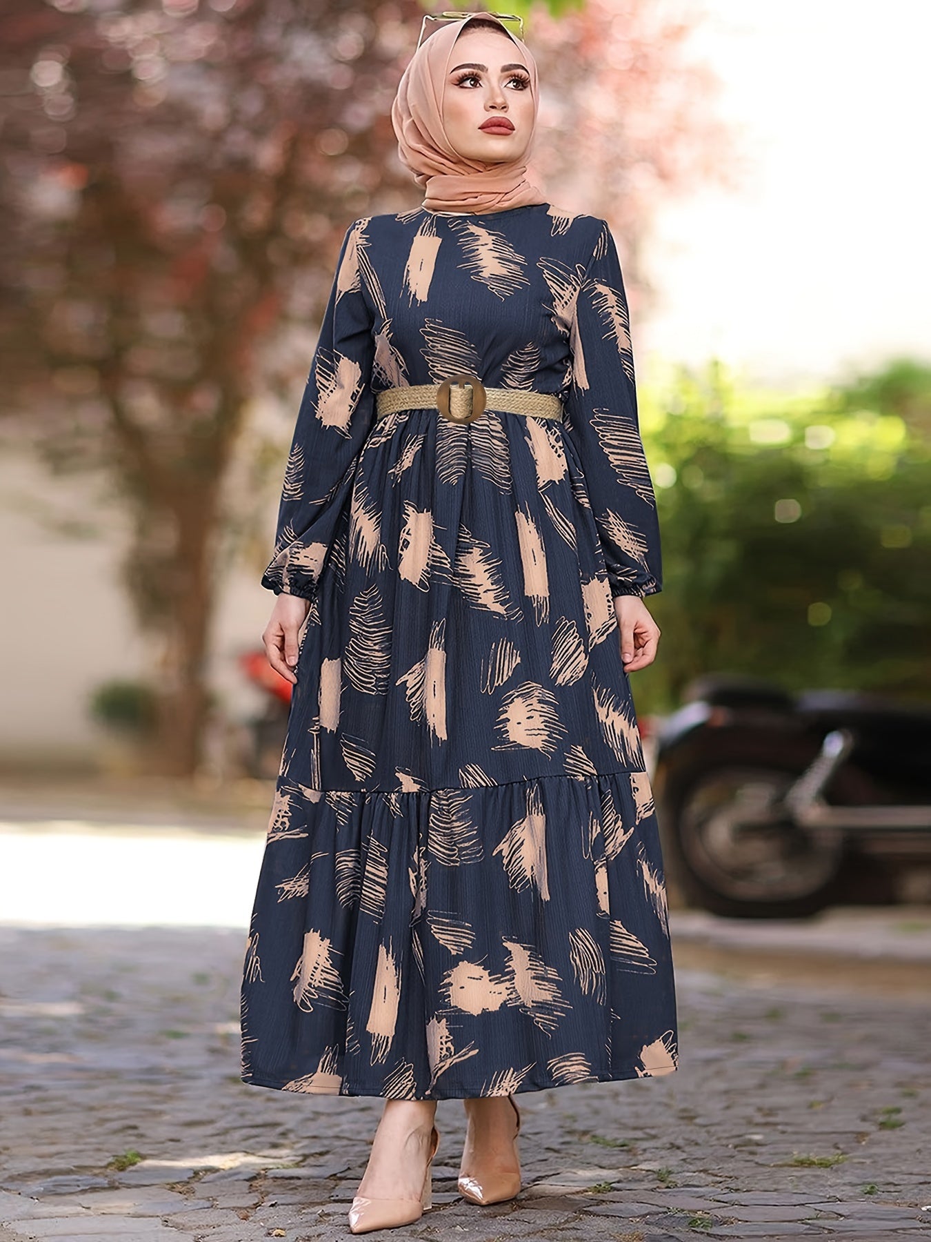 Long Sleeve Ramadan All Over Print Crew Neck Maxi Kaftan, Casual Women's Clothing