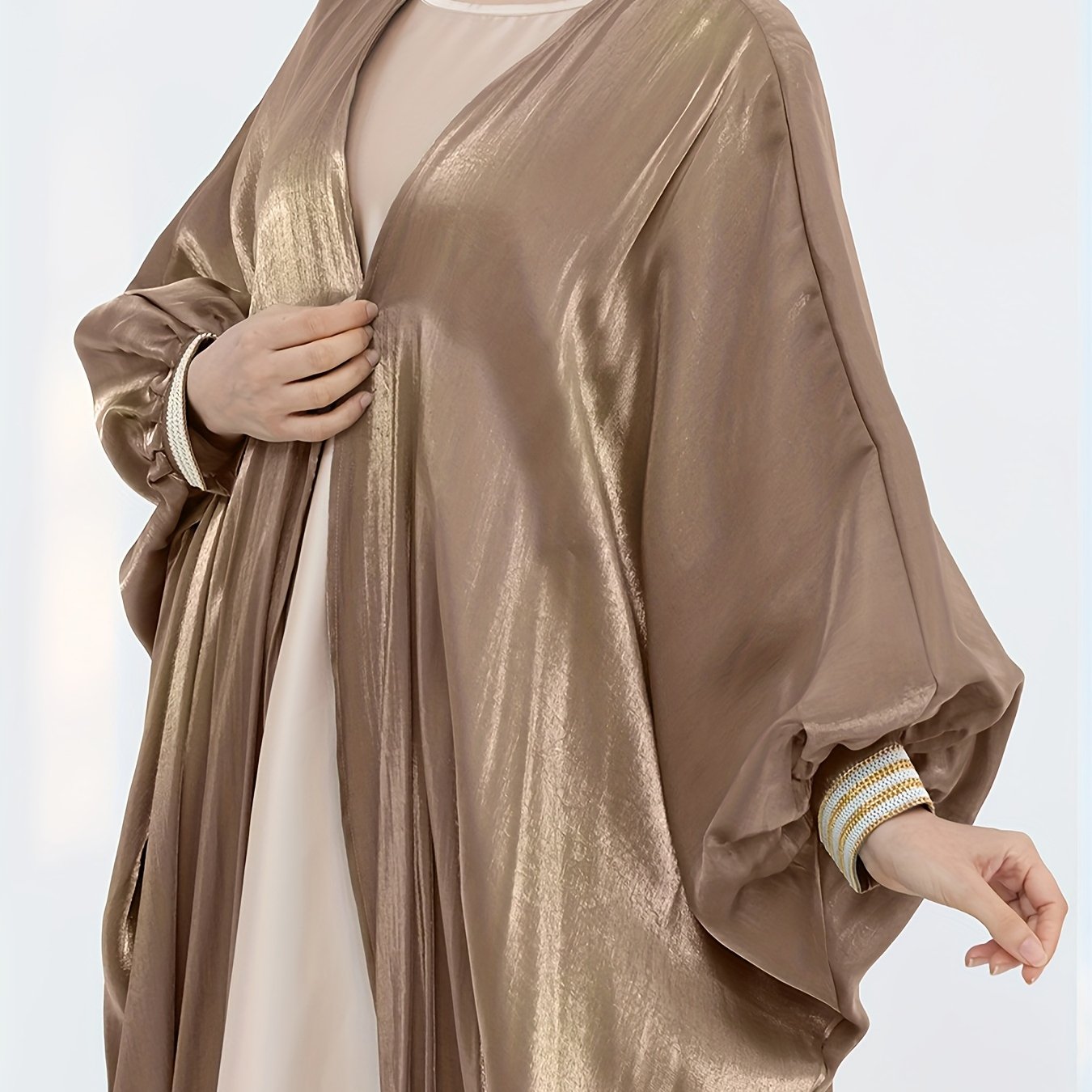 Women'S Reflective Golden & Gray Batwing Sleeve Long Tunic - Long Sleeve, Flowing Design, Perfect for Spring/Summer, Stylish Layering Piece, Summer Fashion | Flowing Tunic | Glossy Finish