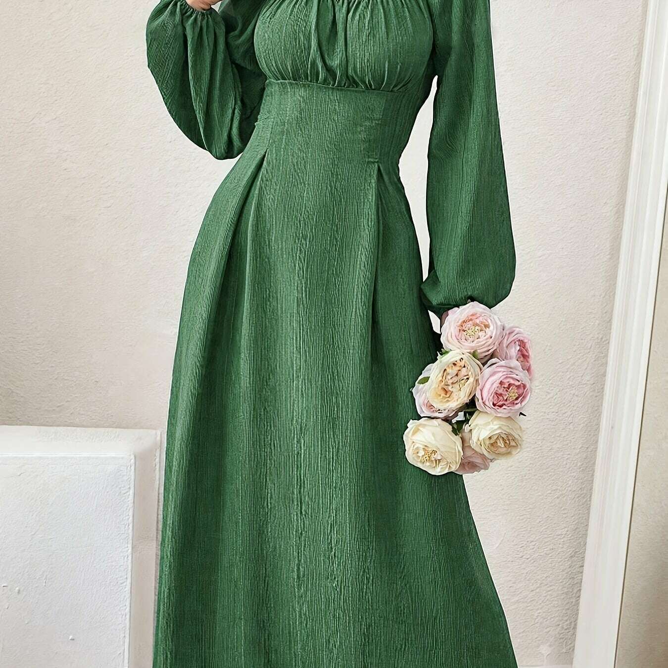 Textured Cross Tie Lantern Sleeve Dress – Elegant & Romantic