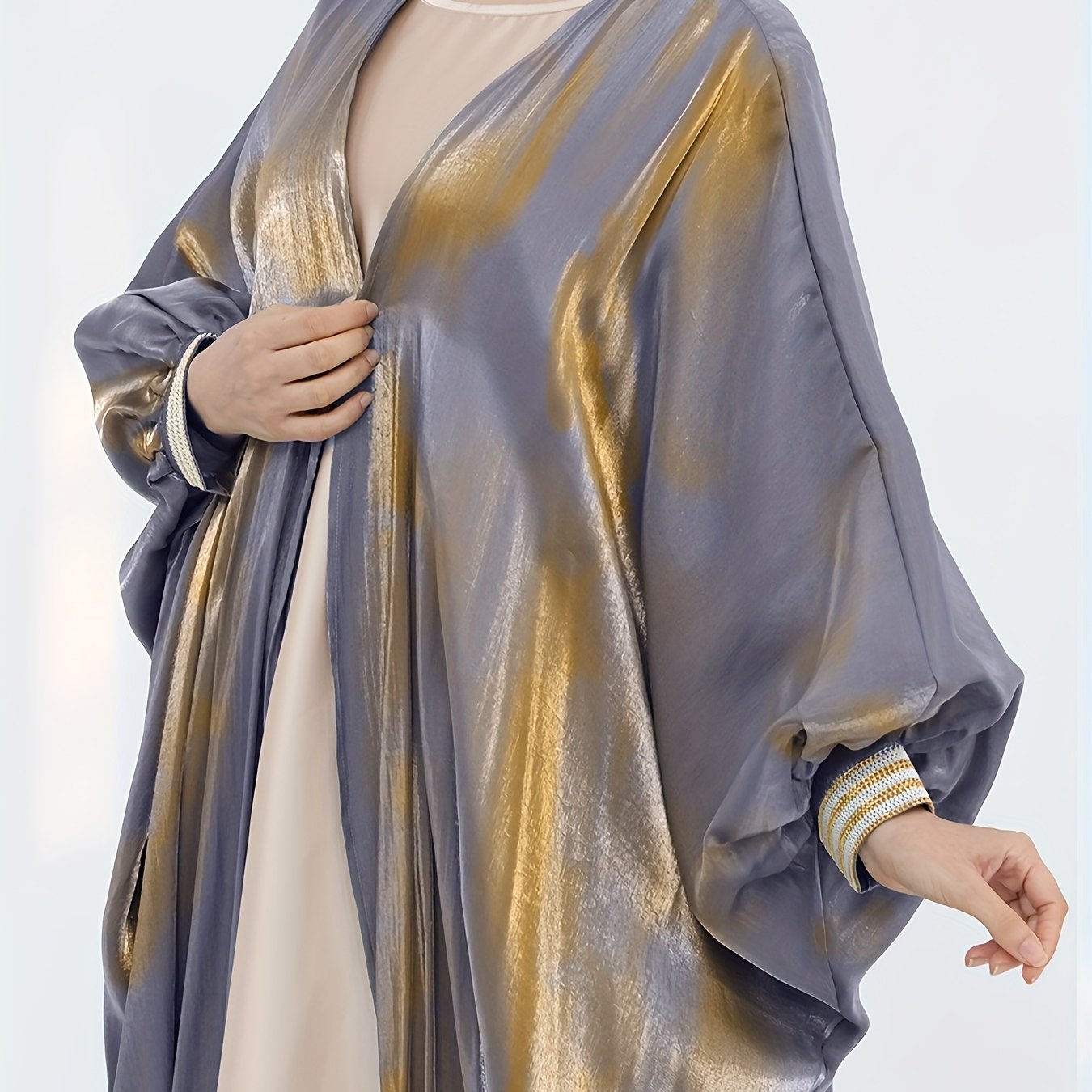 Women'S Reflective Golden & Gray Batwing Sleeve Long Tunic - Long Sleeve, Flowing Design, Perfect for Spring/Summer, Stylish Layering Piece, Summer Fashion | Flowing Tunic | Glossy Finish
