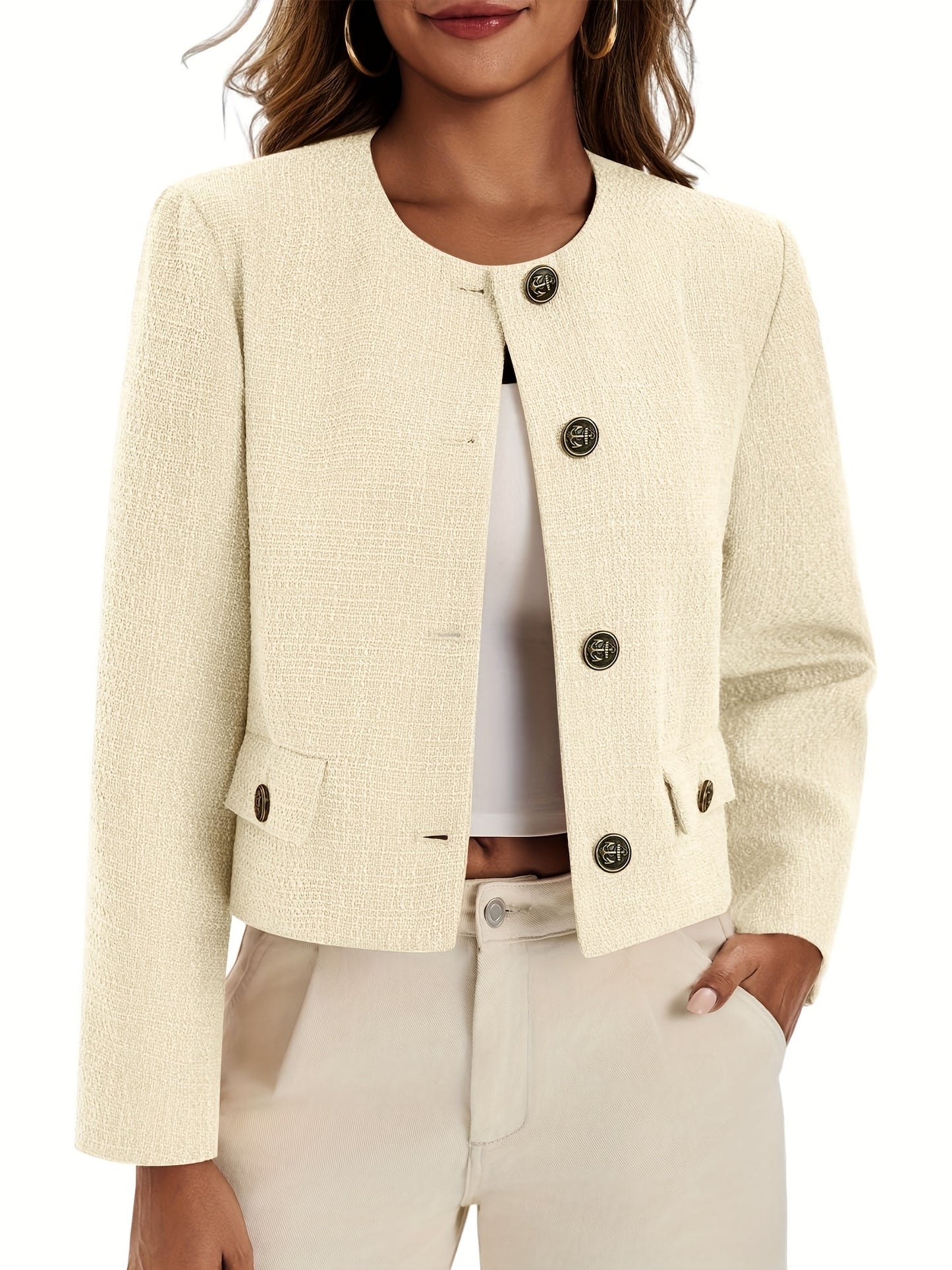 Women's Cropped Tweed Blazer - Collarless Button- Bomber Jacket, Machine Washable Business Casual Coat for Spring Summer Fall, Versatile Office to Weekend Wear
