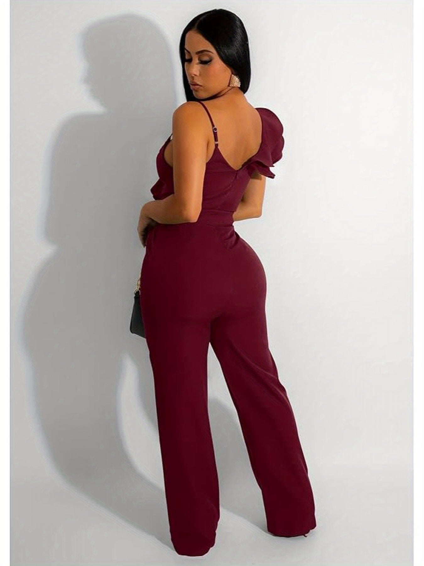 Womens Jumpsuits Ruffle Backless V-Neck Sleeveless Casual Belted Wide Leg Pant Romper Party Clubwear
