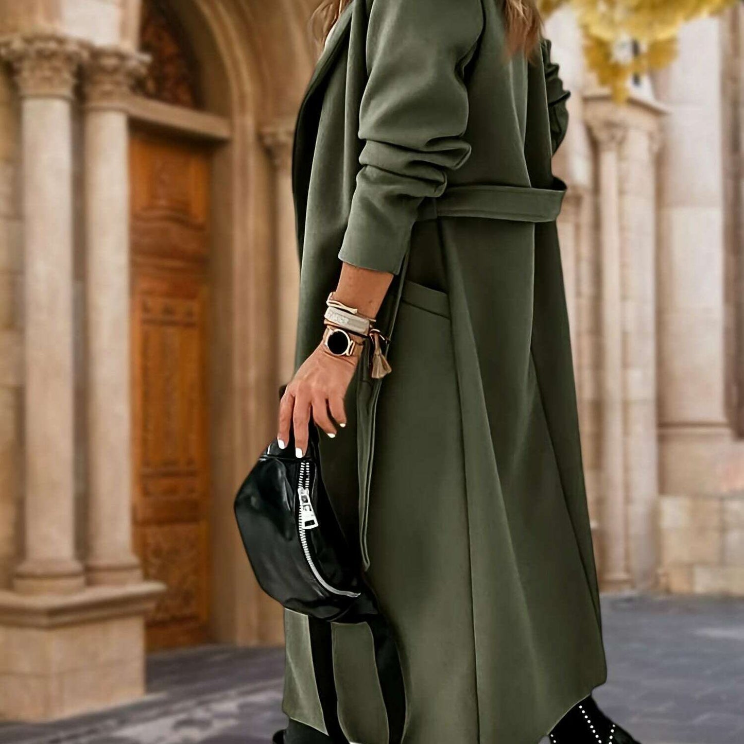 Women's Classic Long Jacket with Lapel Collar and Belt