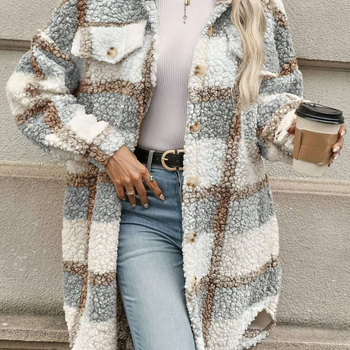 Elegant Plaid Faux Fur Coat for Women with Lapel Collar