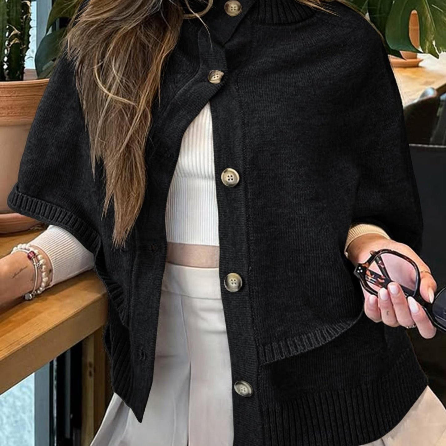 Women's Elegant Soft Pink Oversized Cape Cardigan - Fall Winter Sweater Coat with Button Front Closure, Long Sleeve Crew Neck & H-Line Silhouette, Medium Stretch for Casual to Formal Outfits
