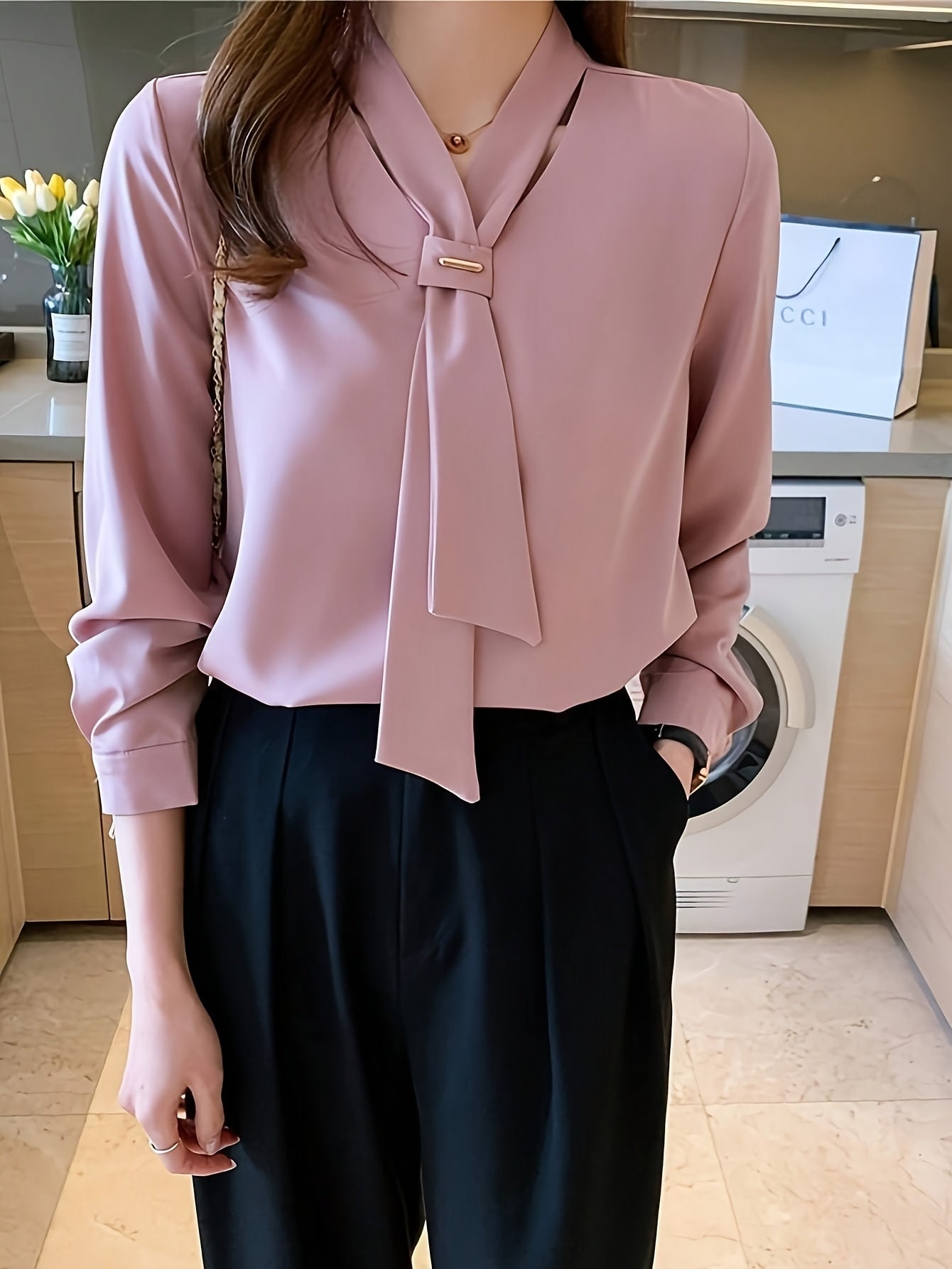 Solid Color Elegant Women's Long Sleeve Shirt with Bow Detail - Casual Chic Blouse for Casual Attire, All-Season Versatile Top, Ladies Blouses