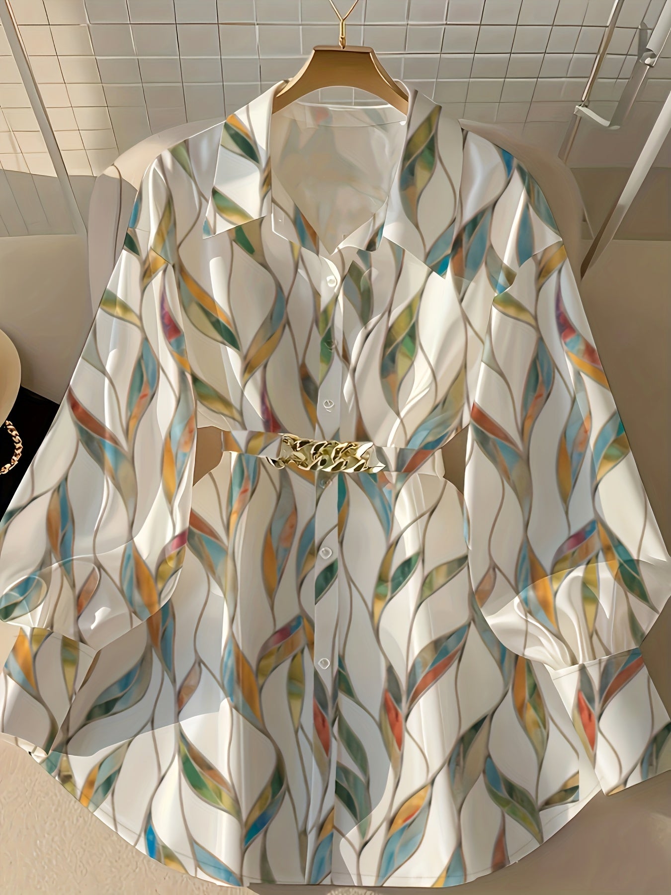 Loose Long-sleeved Casual Retro Style Women'S Top For Going Out; Fashionable Shirt With A Belt