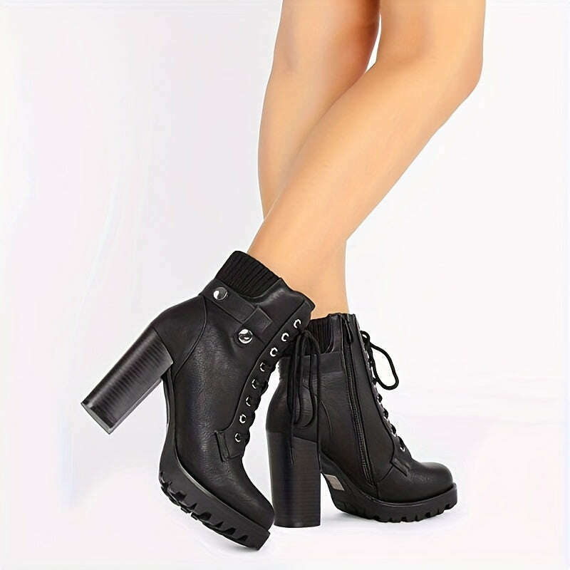 Women's Lace Up Combat Ankle Boots, High Chunky Heel Fashion Heeled Booties Shoes