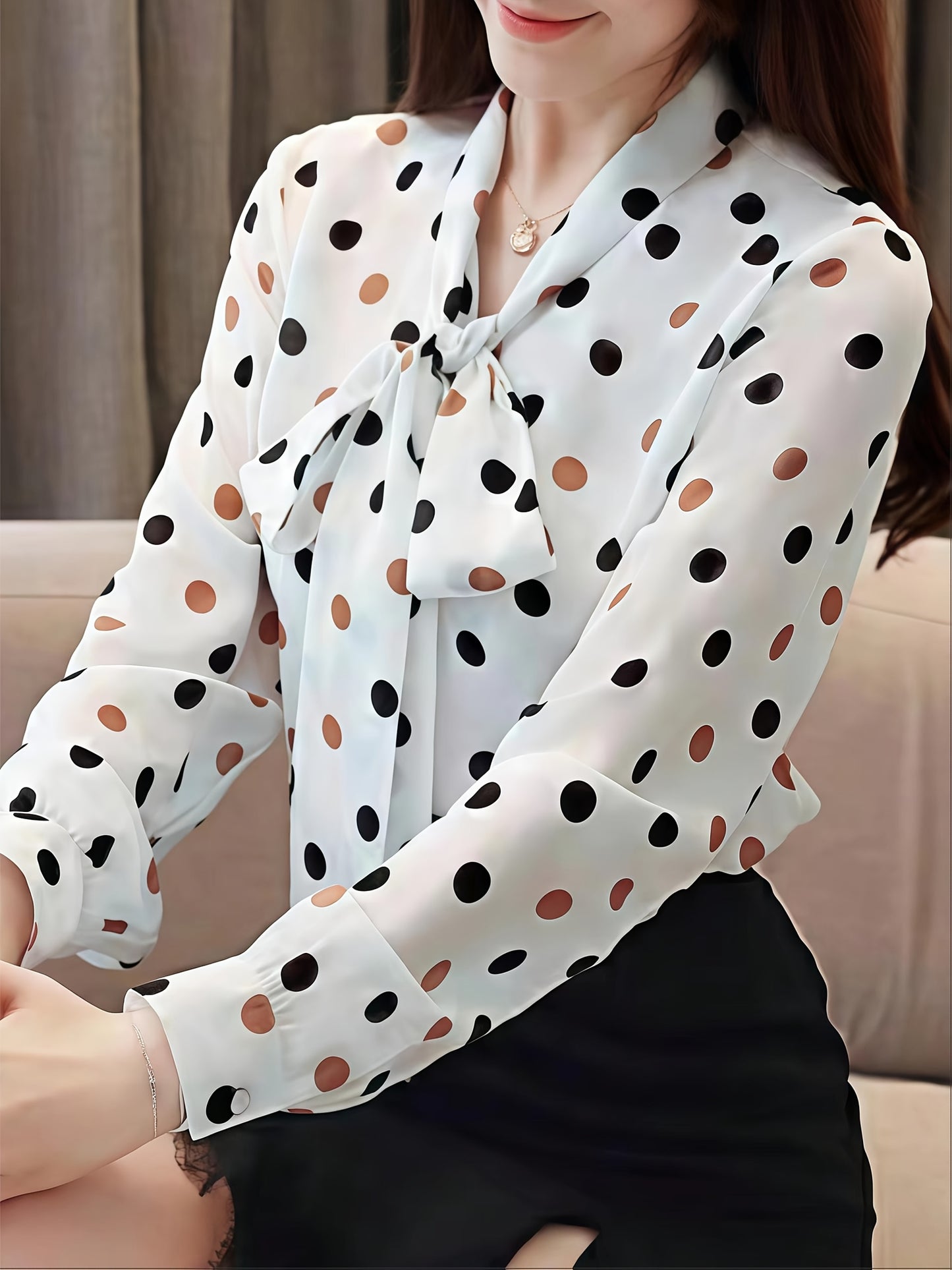 Polka Dot Print Long-sleeve Blouse, Women'S All-season Casual Top. Elegant And Versatile Style Suitable For Spring, Summer, Autumn, And Winter, Perfect For Both Office Wear And Dates, Offering A Fresh And Refined Look