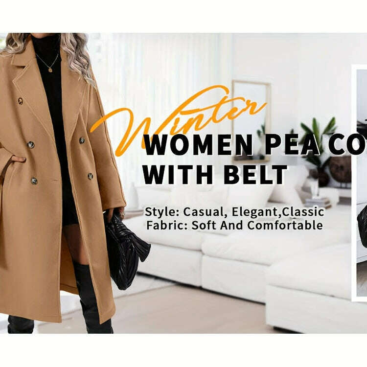 Women's Pea Coat with Lapel Collar and Belted Pockets