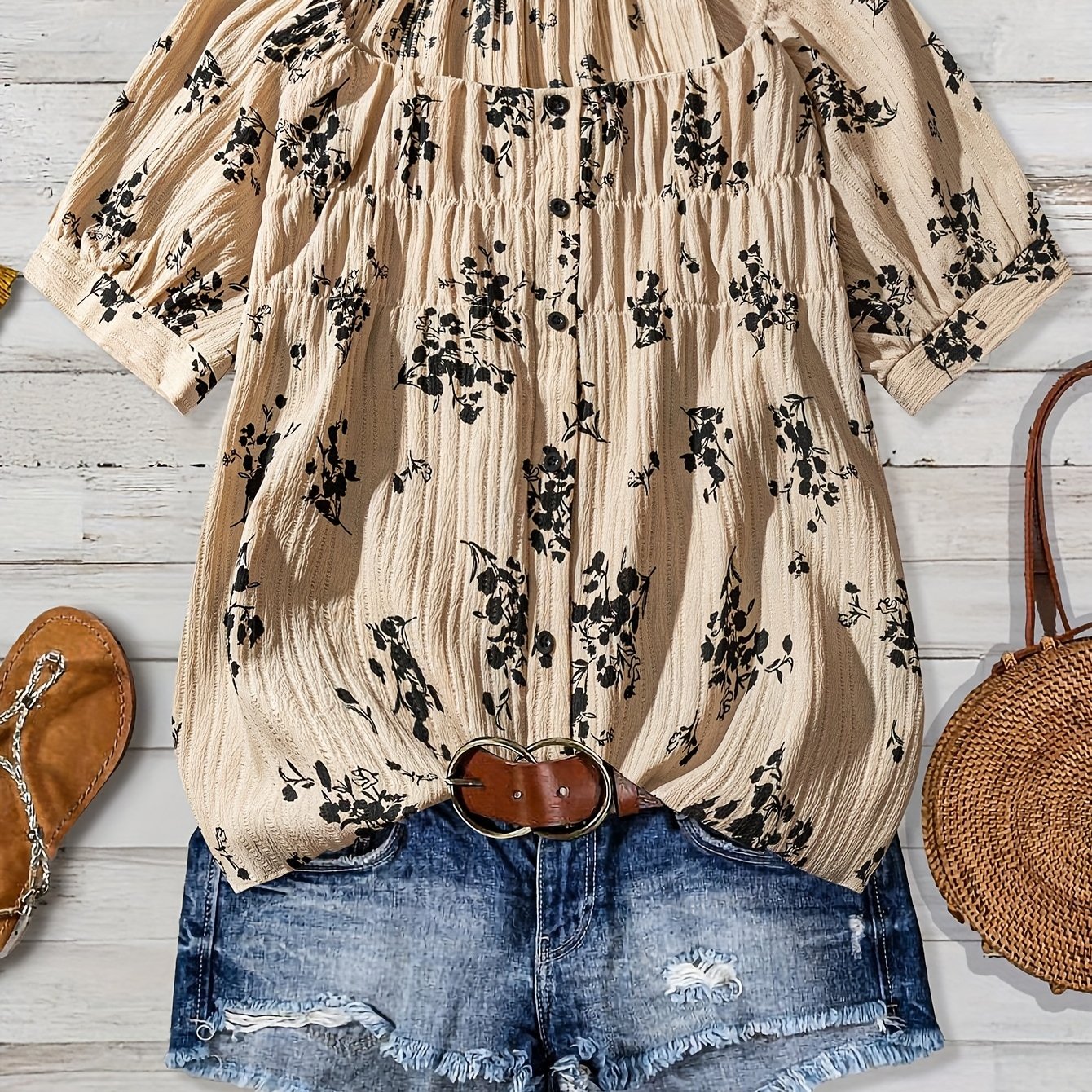 Women'S Floral Print Blouse - Beige & Black Floral Shirt with Button Front Placket, Lightweight Summer Tops for Casual & Formal Outfits - Everyday Chic Women'S Clothing, Floral Print Blouse, Spring Fashion, Elegant Design, Br