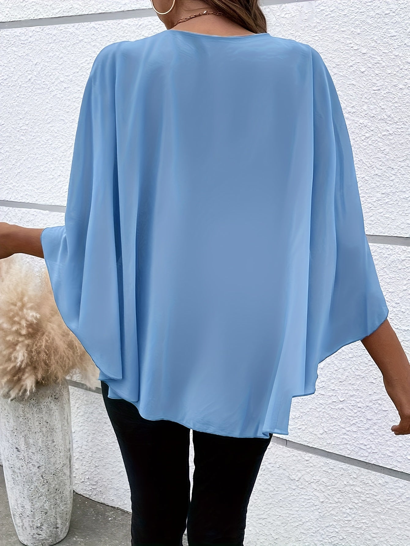 Solid Color Layered Cape Sleeve Shirt, Versatile Round Neck Shirt For Spring And Autumn, Women'S Clothing