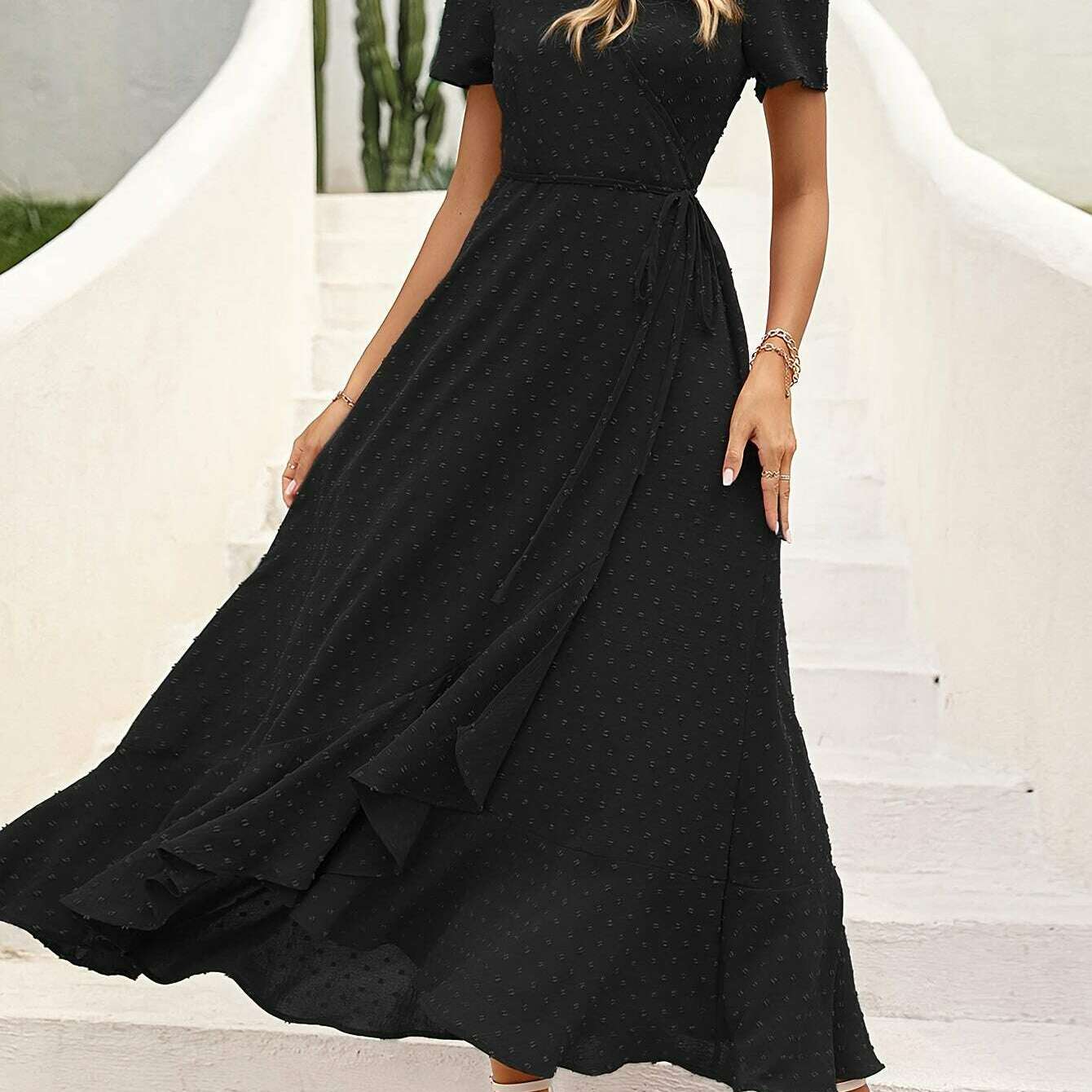 Elegant Women's Swiss Dot Surplice Neck Maxi Dress - D&M Boutique