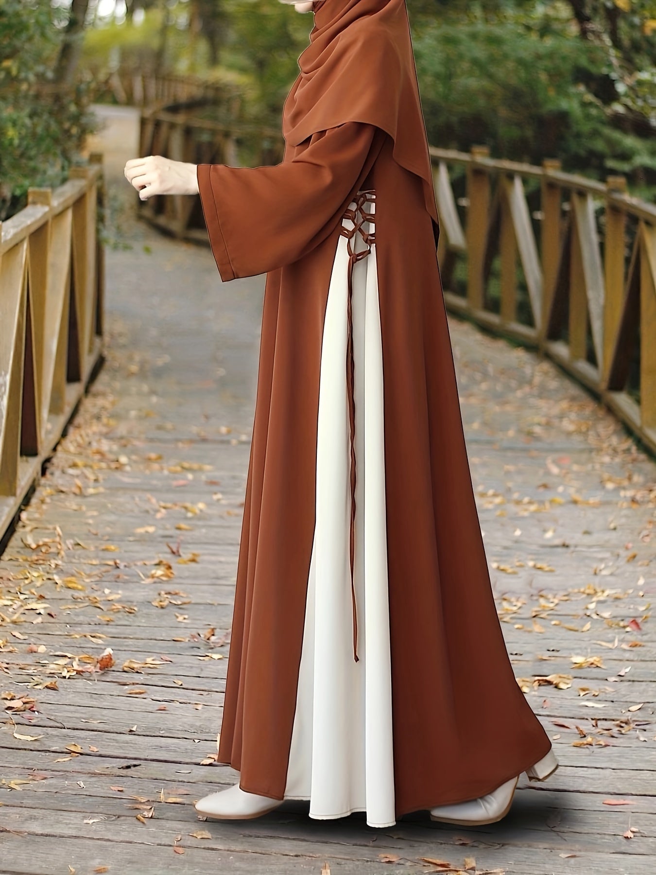 1pc Muslim Abaya Dress Long Sleeve Loose Fit A-Line with Black & White Color-Blocking & Orange Accents - Middle Eastern Elegance Adjustable Side Drawstring for Prayer, Casual, All-Season Wear (No Headscarf Included), Muslim D