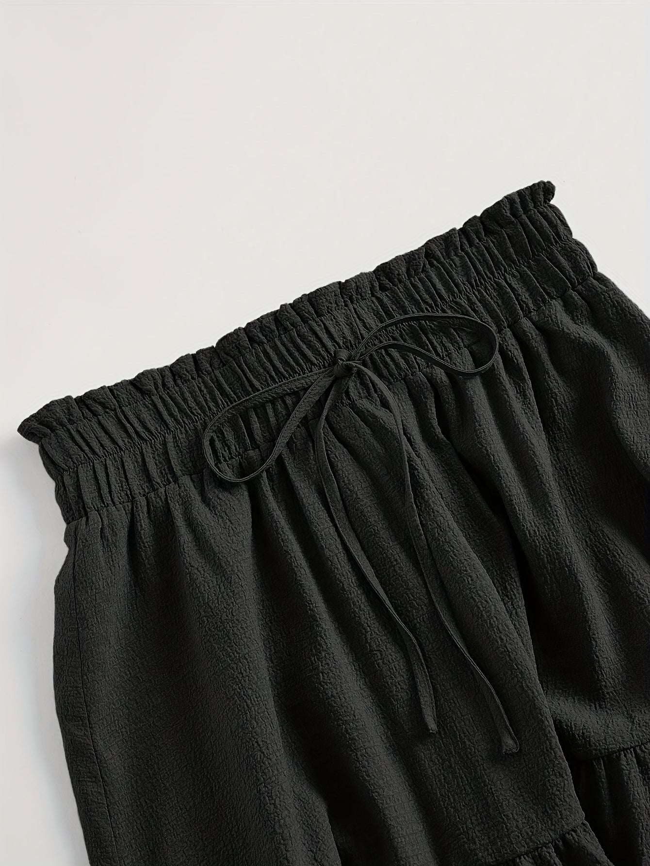Women'S Two-Piece Solid Color Skirt Set - Black and Olive Green, Casual Style with Drawstring Waist, Elastic Ruffle Hem, Pleated Long Length, All-Season Wear, Casual Attire|Ruffle Hem Skirt|Drawstring Waist Skirt