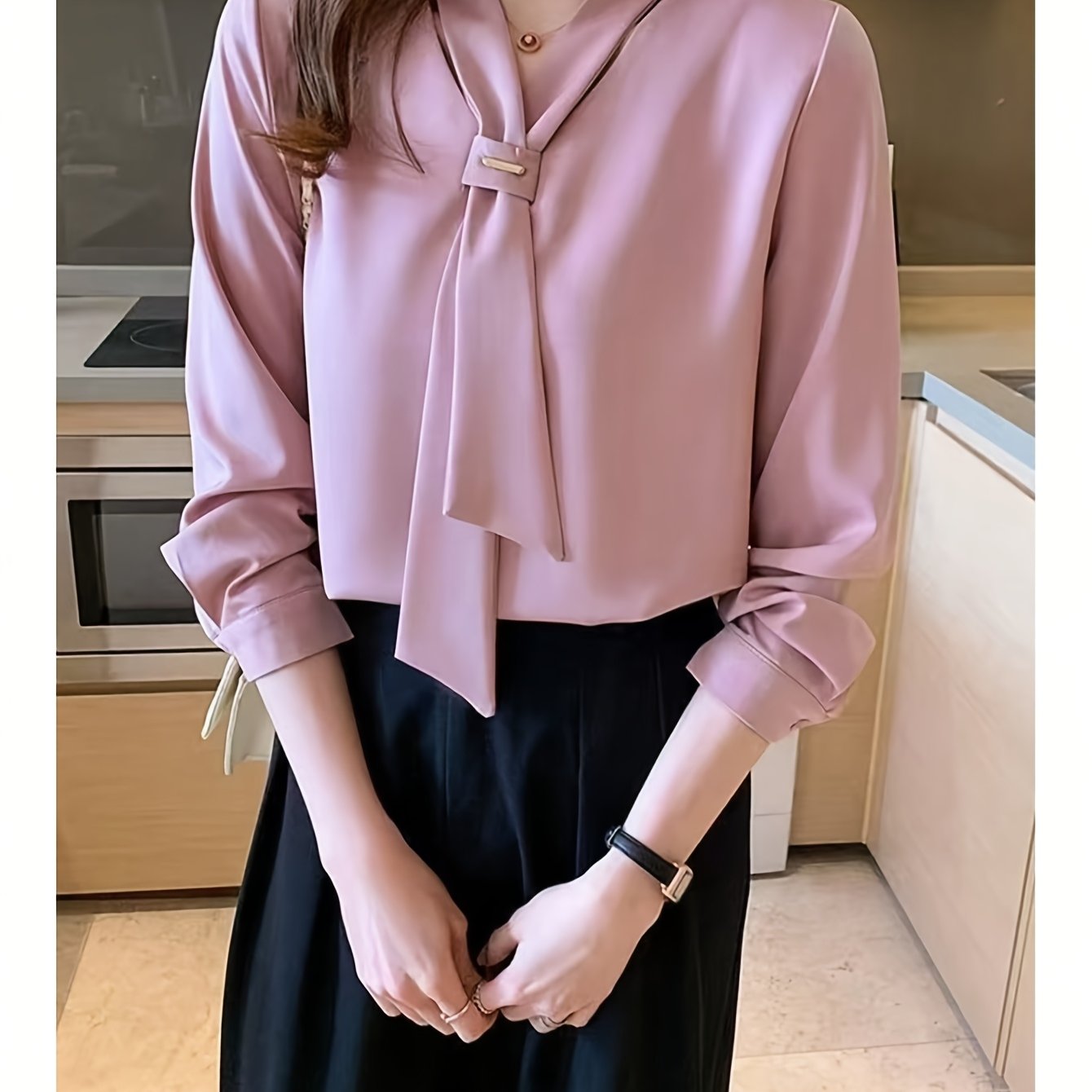 Solid Color Elegant Women's Long Sleeve Shirt with Bow Detail - Casual Chic Blouse for Casual Attire, All-Season Versatile Top, Ladies Blouses
