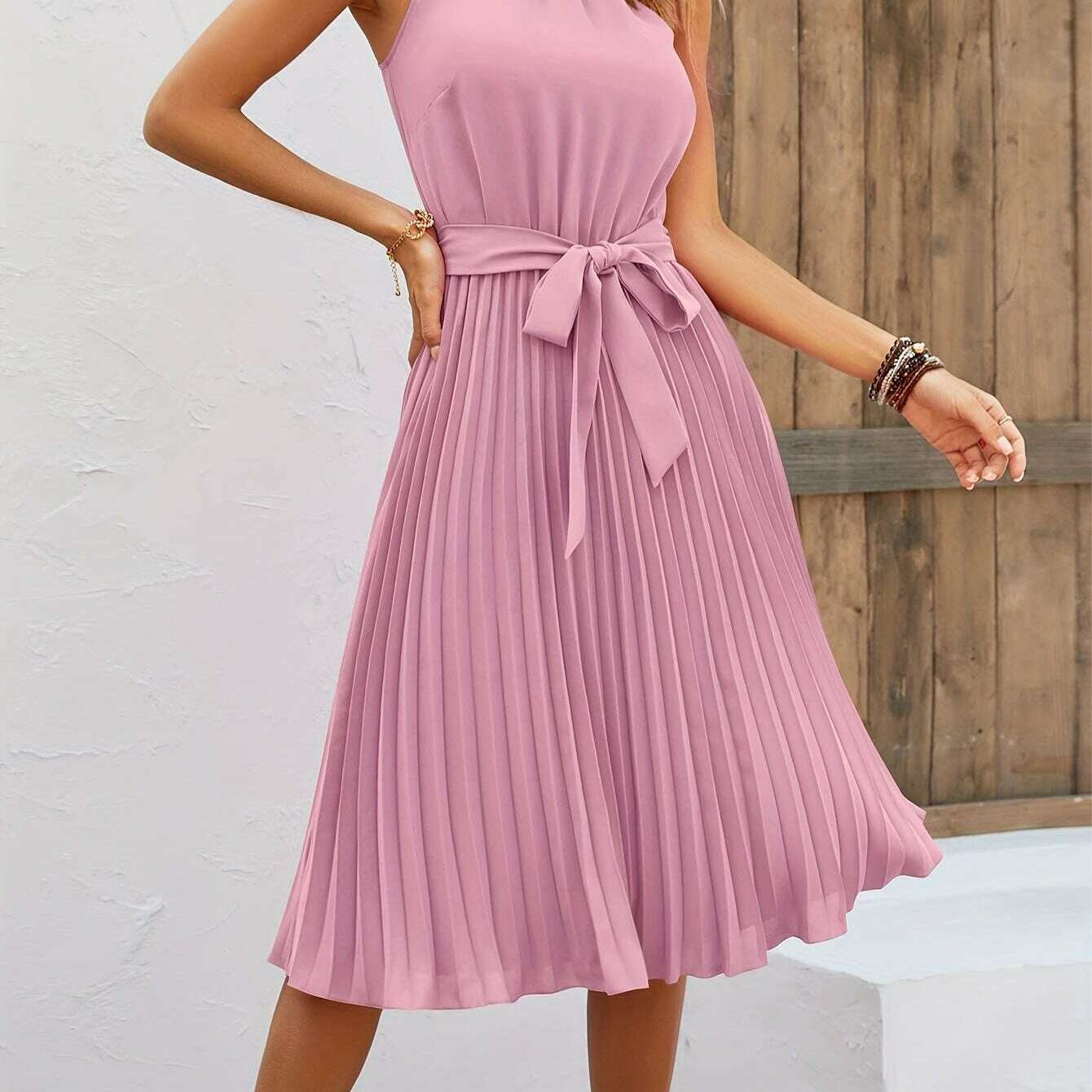Women's Sleeveless Halter Pleated A-Line Summer Dress - D&M Boutique