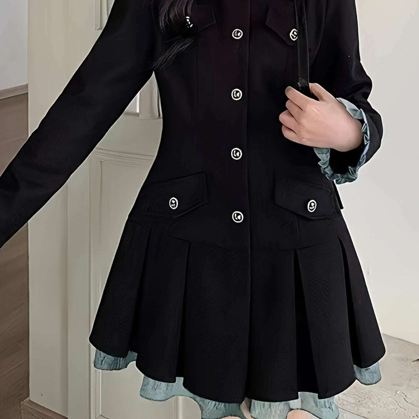 Chic Women's A-Line Pleated Dress with Faux Buttons - D&M Boutique