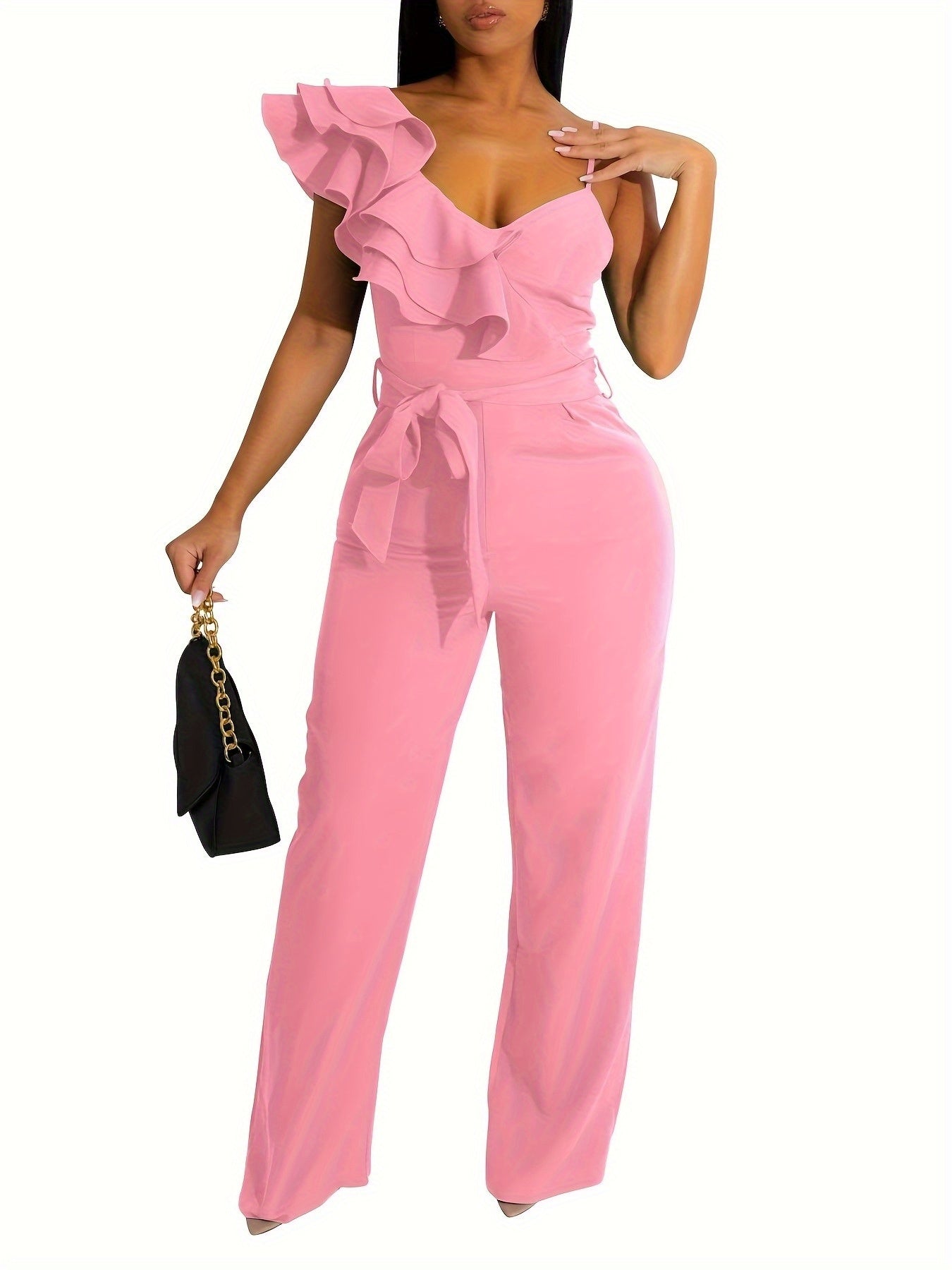 Womens Jumpsuits Ruffle Backless V-Neck Sleeveless Casual Belted Wide Leg Pant Romper Party Clubwear
